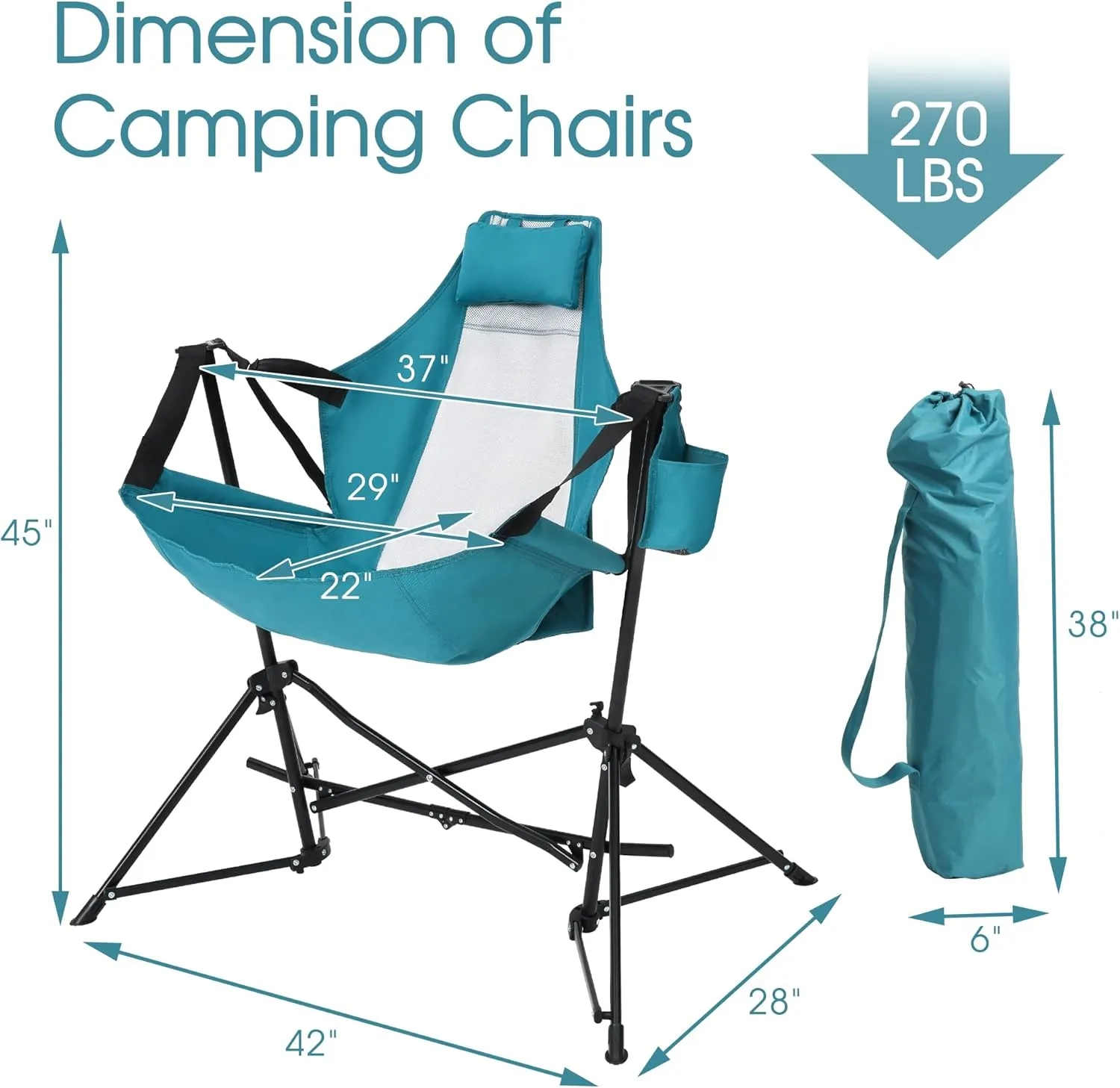 HOMEFUN Hammock Camping Chairs Set of 2- Portable Swinging Chair for Adults with Stand and Storage Bag, Oversized Folding Rocking for Lawn Camp Fishing Hiking, Blue