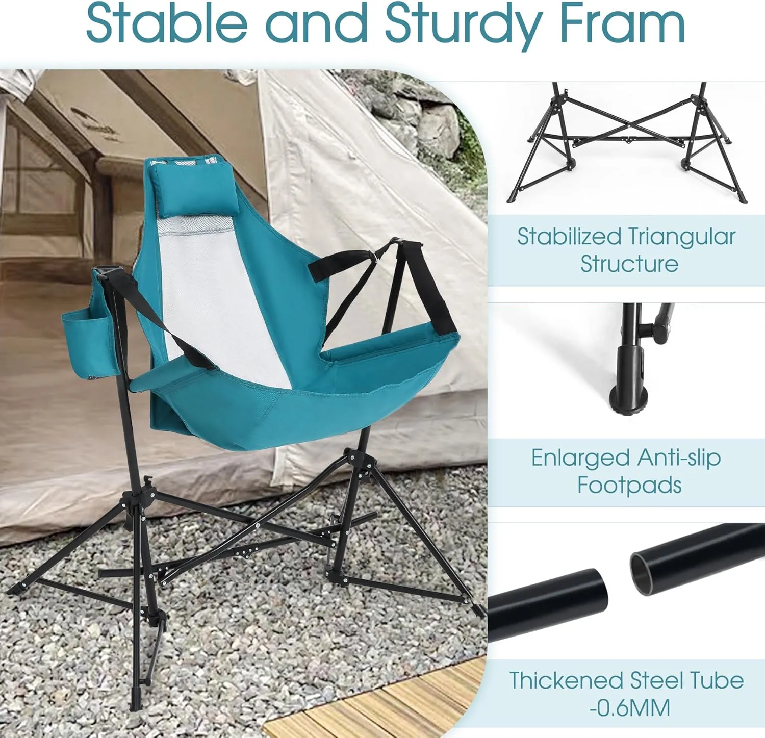 HOMEFUN Hammock Camping Chairs Set of 2- Portable Swinging Chair for Adults with Stand and Storage Bag, Oversized Folding Rocking for Lawn Camp Fishing Hiking, Blue