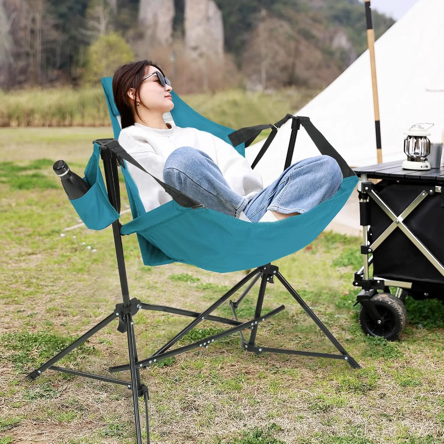 HOMEFUN Hammock Camping Chairs Set of 2- Portable Swinging Chair for Adults with Stand and Storage Bag, Oversized Folding Rocking for Lawn Camp Fishing Hiking, Blue