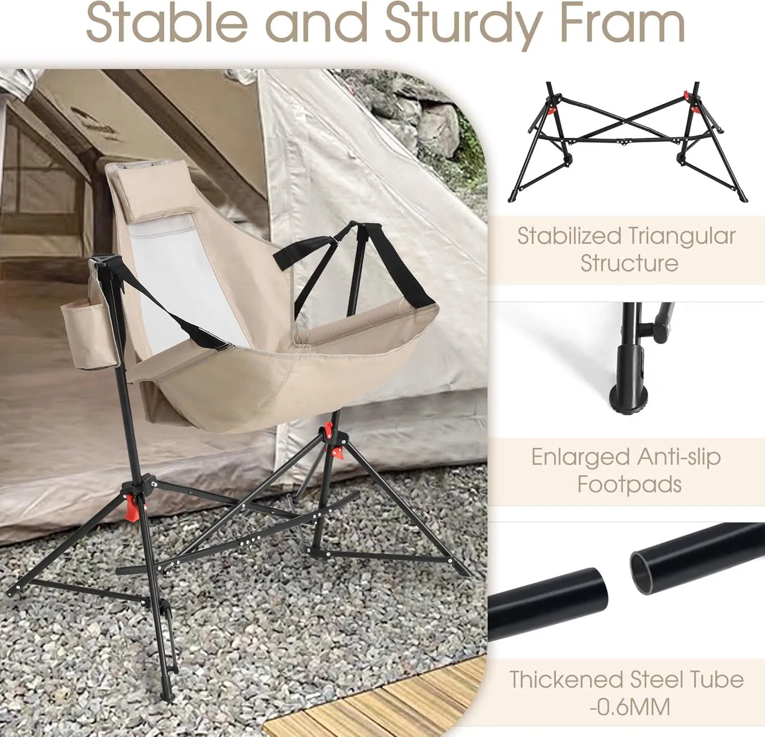 HOMEFUN Hammock Camping Chairs Set of 2- Portable Swinging Chair for Adults with Stand and Storage Bag, Oversized Folding Rocking for Lawn Camp Fishing Hiking, Khaki