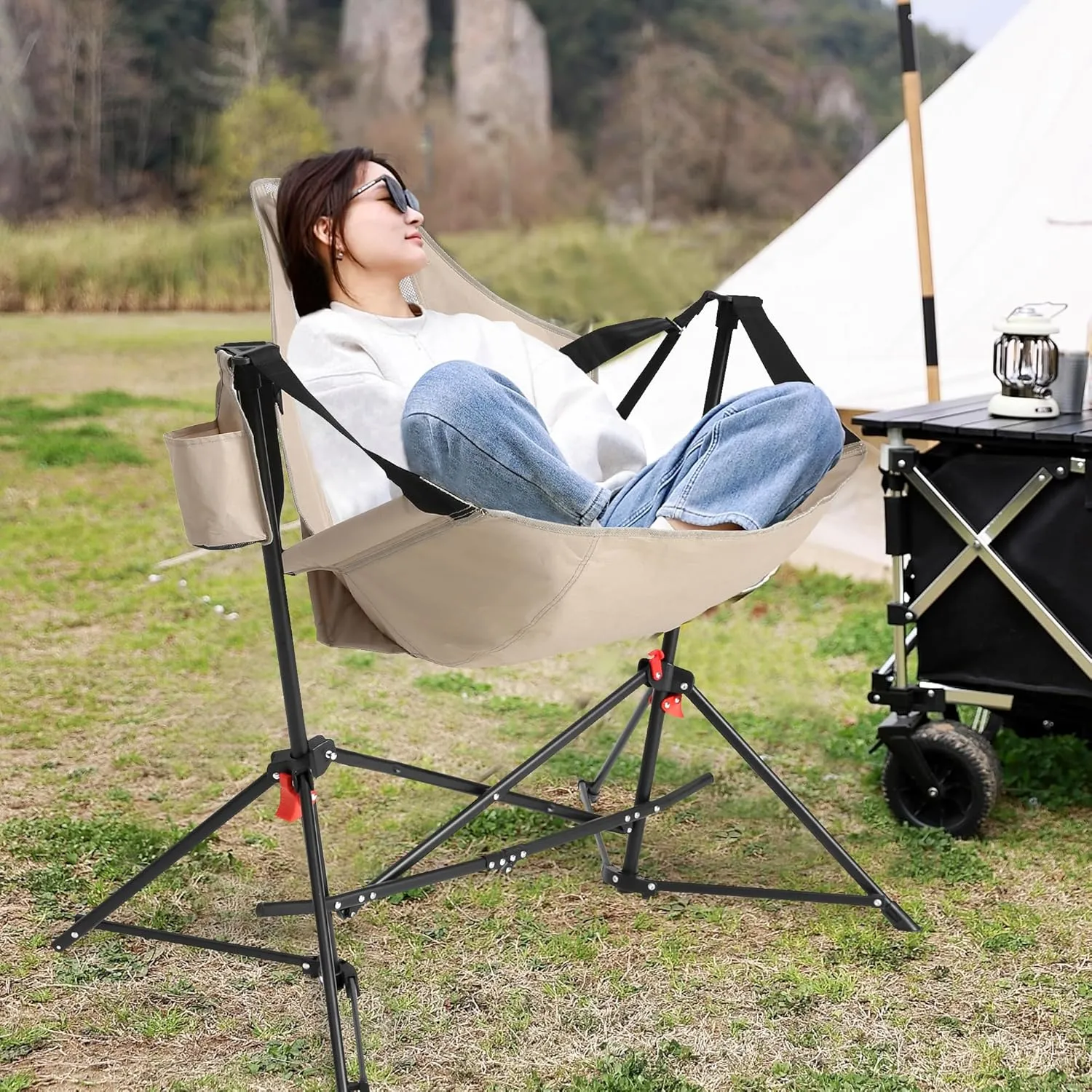 HOMEFUN Hammock Camping Chairs Set of 2- Portable Swinging Chair for Adults with Stand and Storage Bag, Oversized Folding Rocking for Lawn Camp Fishing Hiking, Khaki