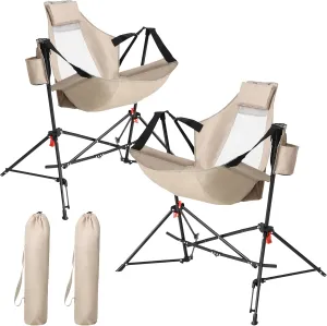 HOMEFUN Hammock Camping Chairs Set of 2- Portable Swinging Chair for Adults with Stand and Storage Bag, Oversized Folding Rocking for Lawn Camp Fishing Hiking, Khaki
