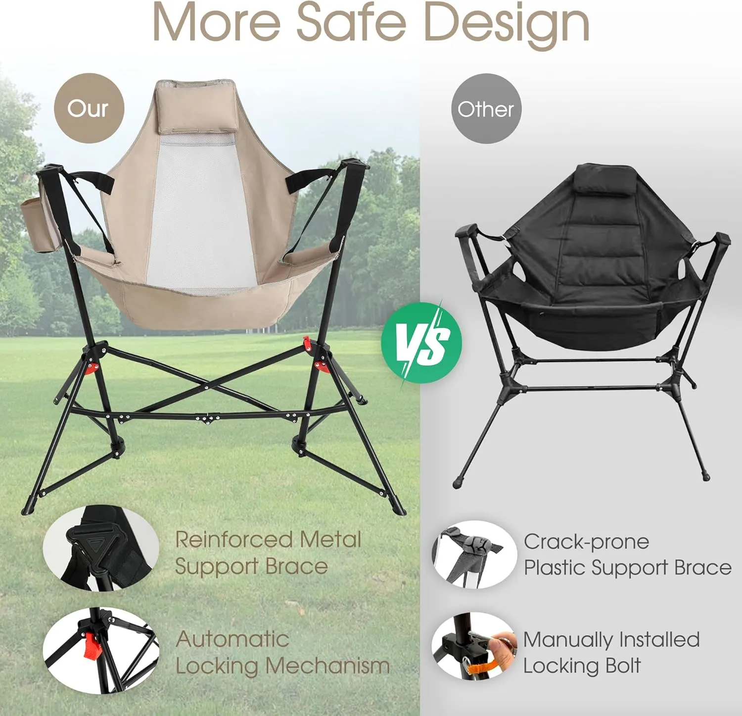 HOMEFUN Hammock Camping Chairs Set of 2- Portable Swinging Chair for Adults with Stand and Storage Bag, Oversized Folding Rocking for Lawn Camp Fishing Hiking, Khaki