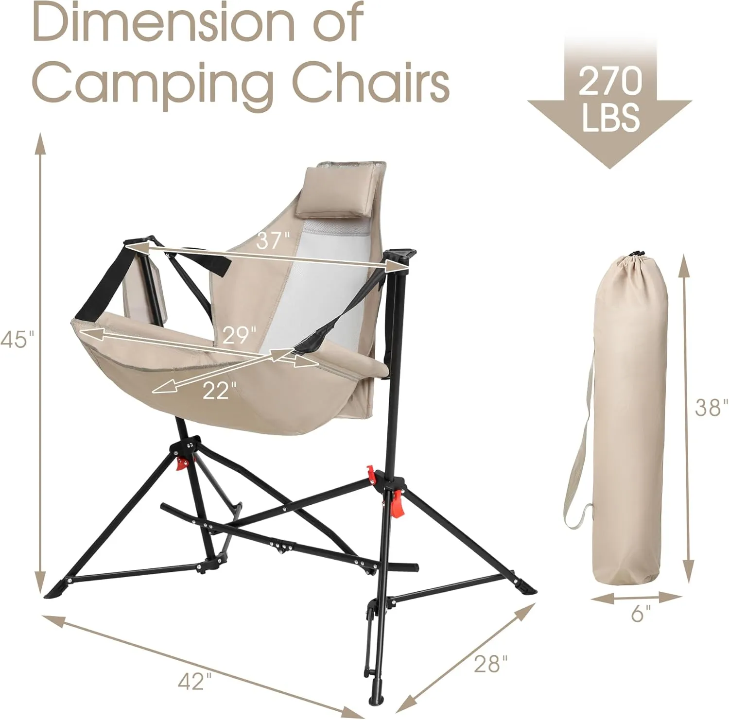 HOMEFUN Hammock Camping Chairs Set of 2- Portable Swinging Chair for Adults with Stand and Storage Bag, Oversized Folding Rocking for Lawn Camp Fishing Hiking, Khaki