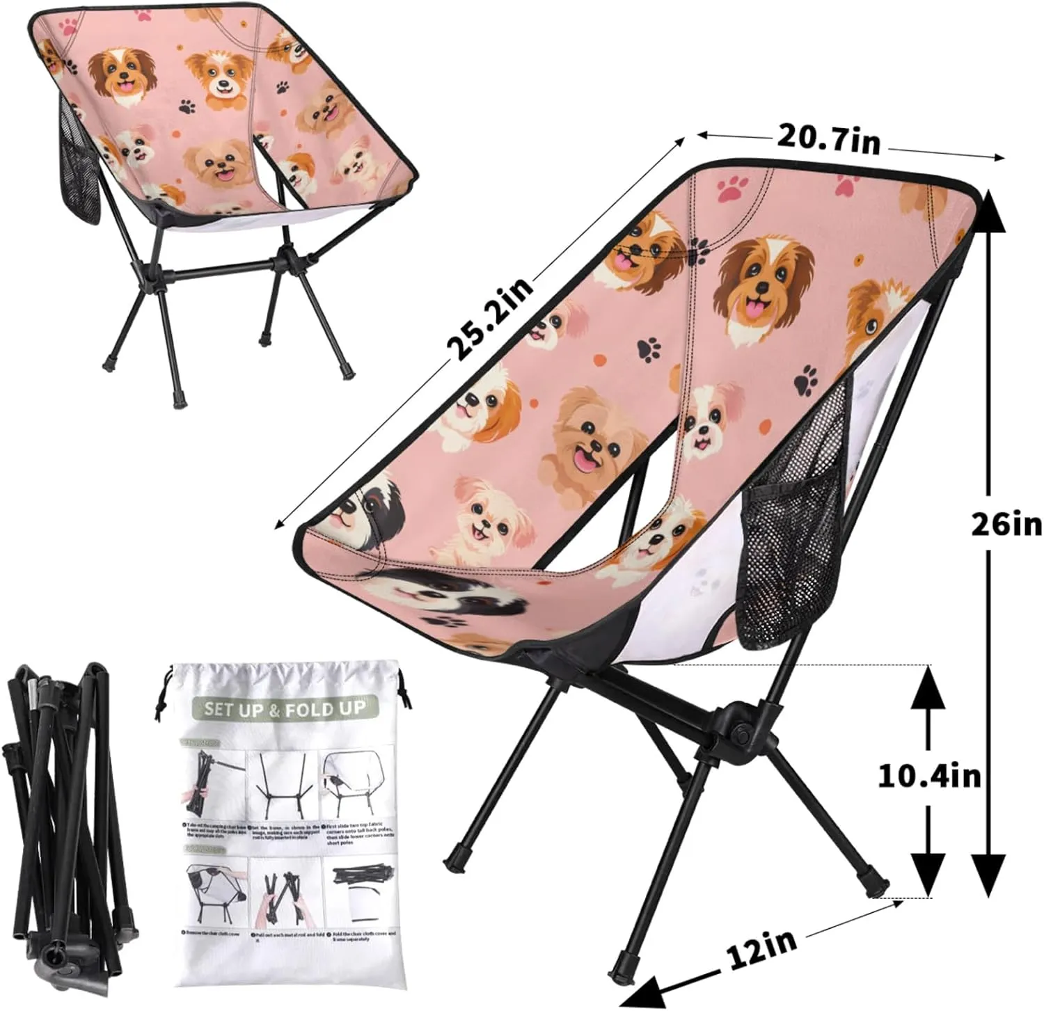 Honeybaby Folding Camping Chair Lively Dogs Camping Chairs Lightweight Portable Chair Outdoor Foldable Chairs for Camping Travel Picnic Beach Hiking