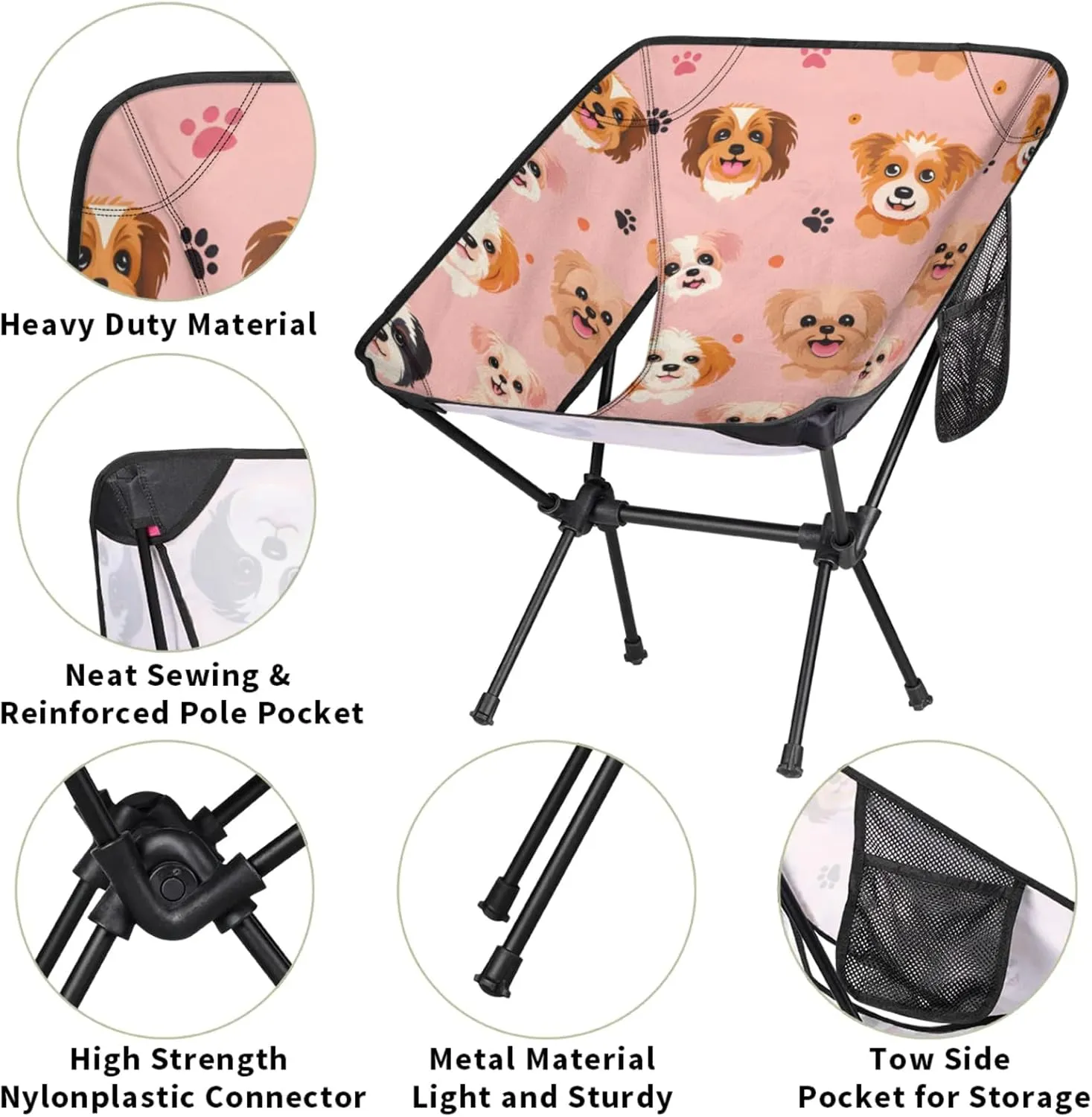 Honeybaby Folding Camping Chair Lively Dogs Camping Chairs Lightweight Portable Chair Outdoor Foldable Chairs for Camping Travel Picnic Beach Hiking