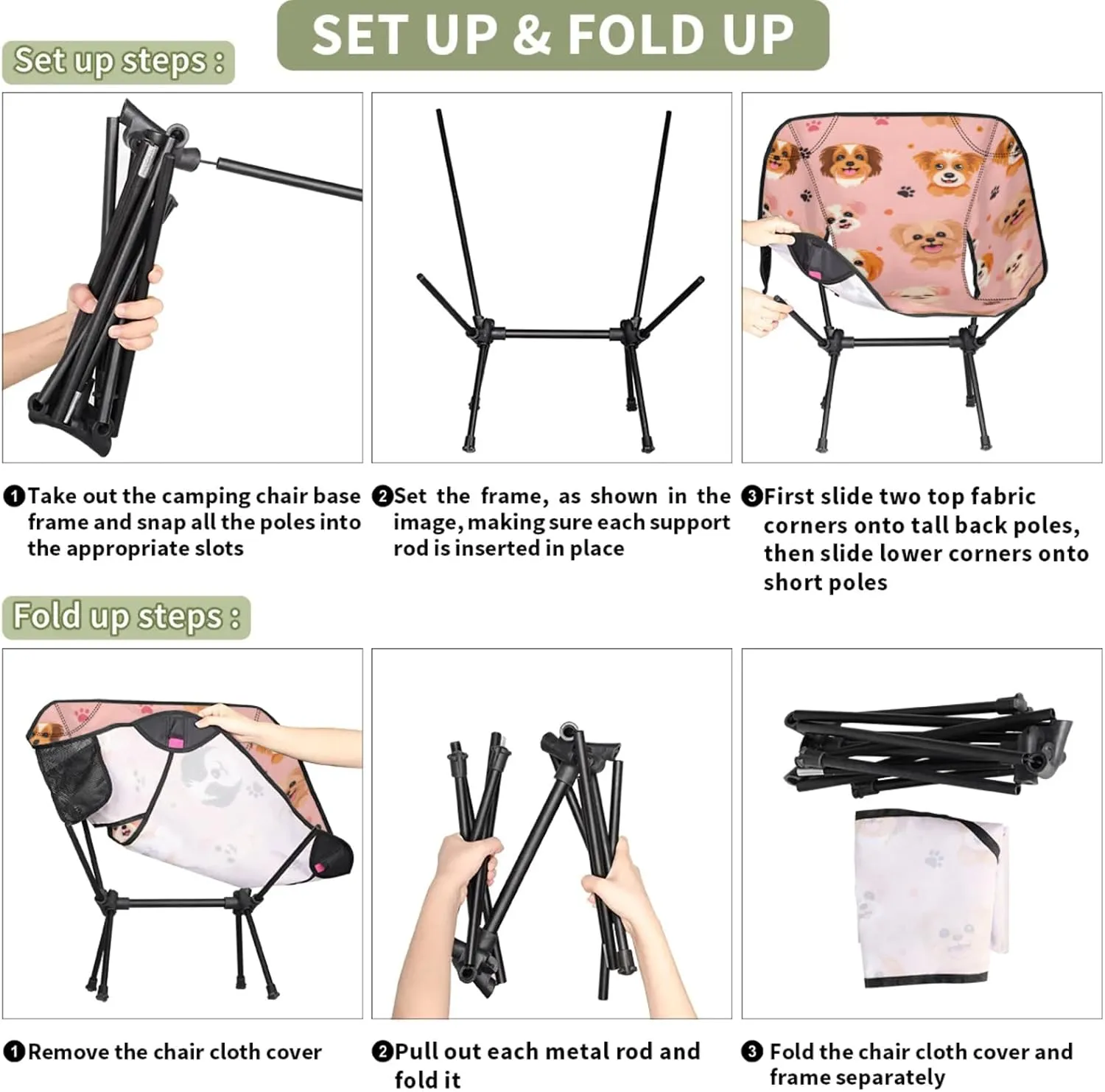 Honeybaby Folding Camping Chair Lively Dogs Camping Chairs Lightweight Portable Chair Outdoor Foldable Chairs for Camping Travel Picnic Beach Hiking