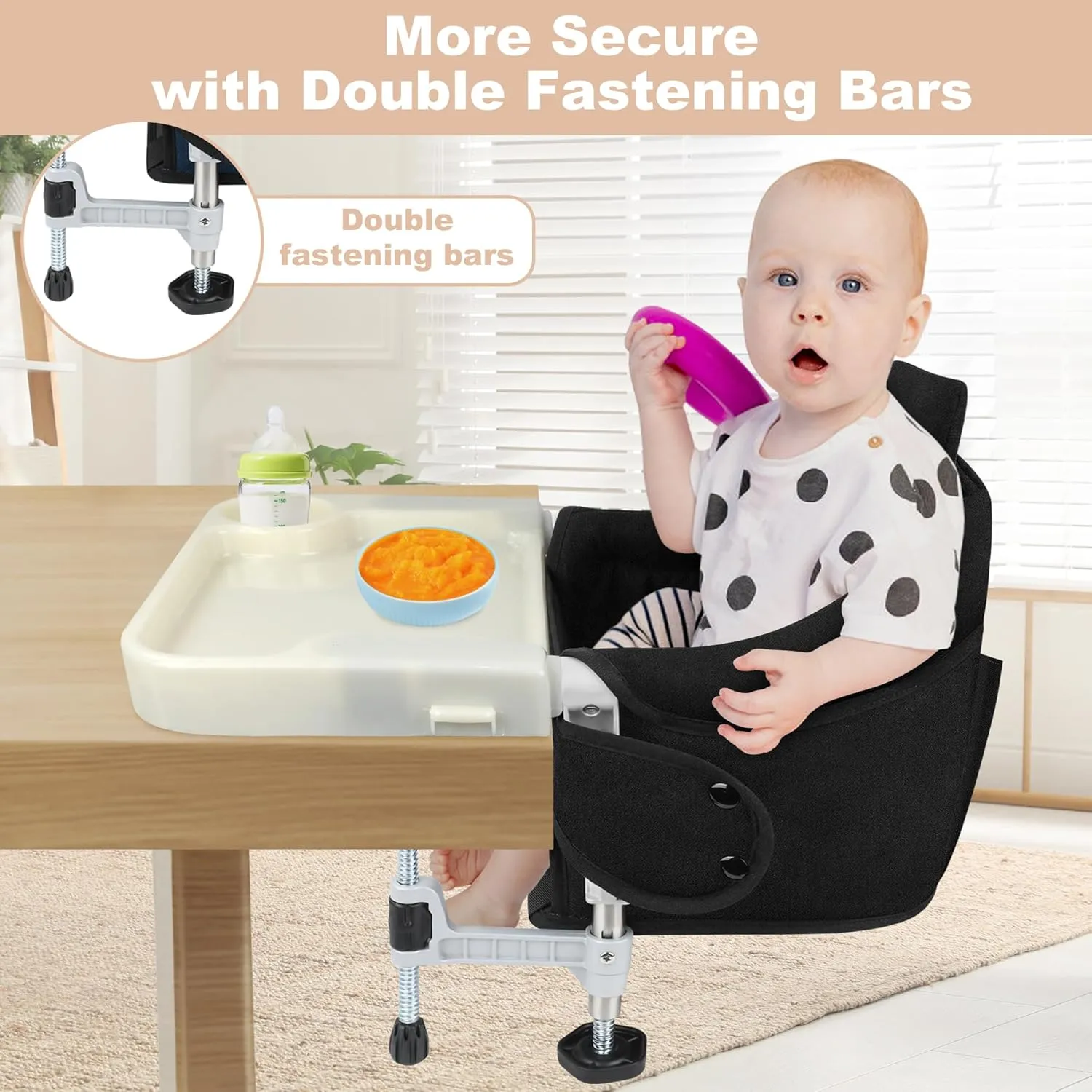 Hook On High Chair: Portable Travel Chair for Baby and Toddler, Foldable Clip-on With Removable Dining Tray, Backrest Board, and Storage Carrying Bag for Indoor Outdoor Use (Black)