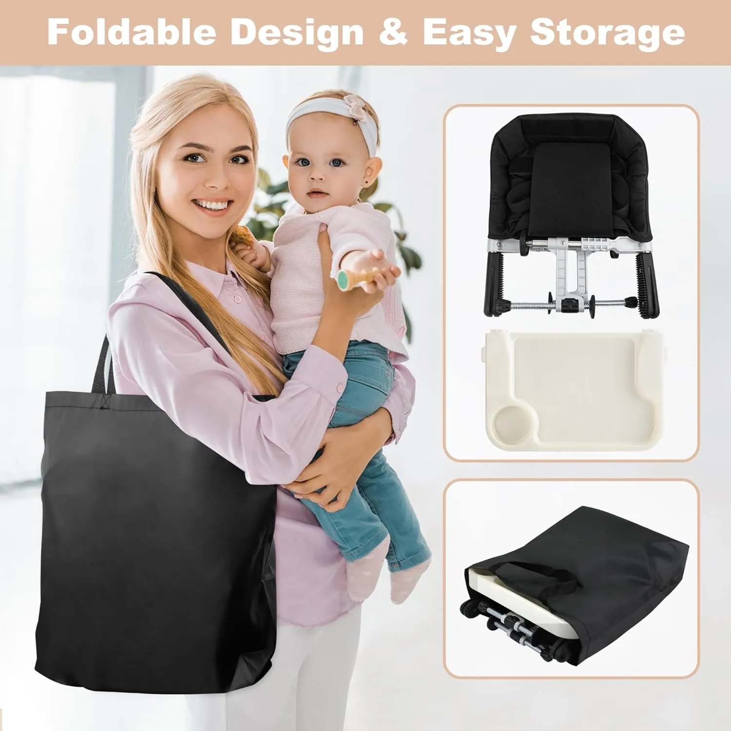 Hook On High Chair: Portable Travel Chair for Baby and Toddler, Foldable Clip-on With Removable Dining Tray, Backrest Board, and Storage Carrying Bag for Indoor Outdoor Use (Black)
