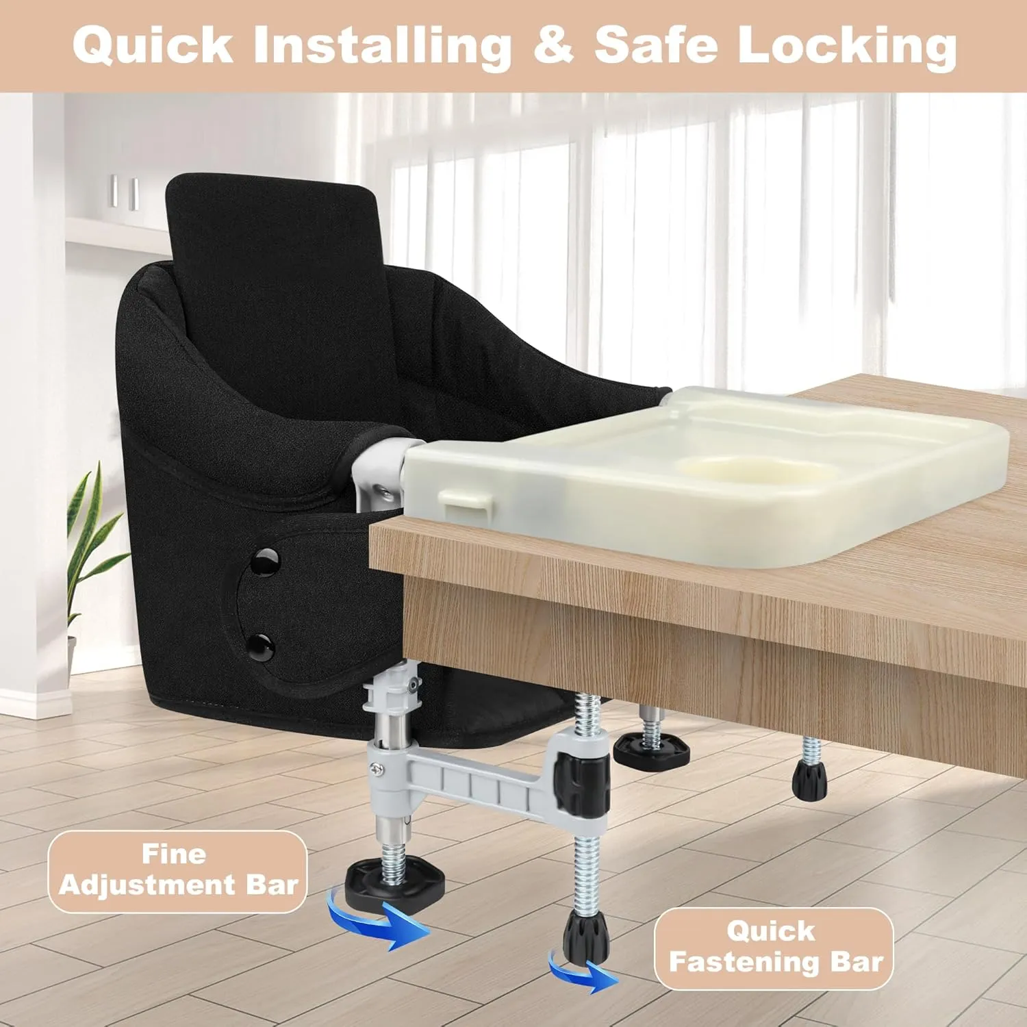 Hook On High Chair: Portable Travel Chair for Baby and Toddler, Foldable Clip-on With Removable Dining Tray, Backrest Board, and Storage Carrying Bag for Indoor Outdoor Use (Black)