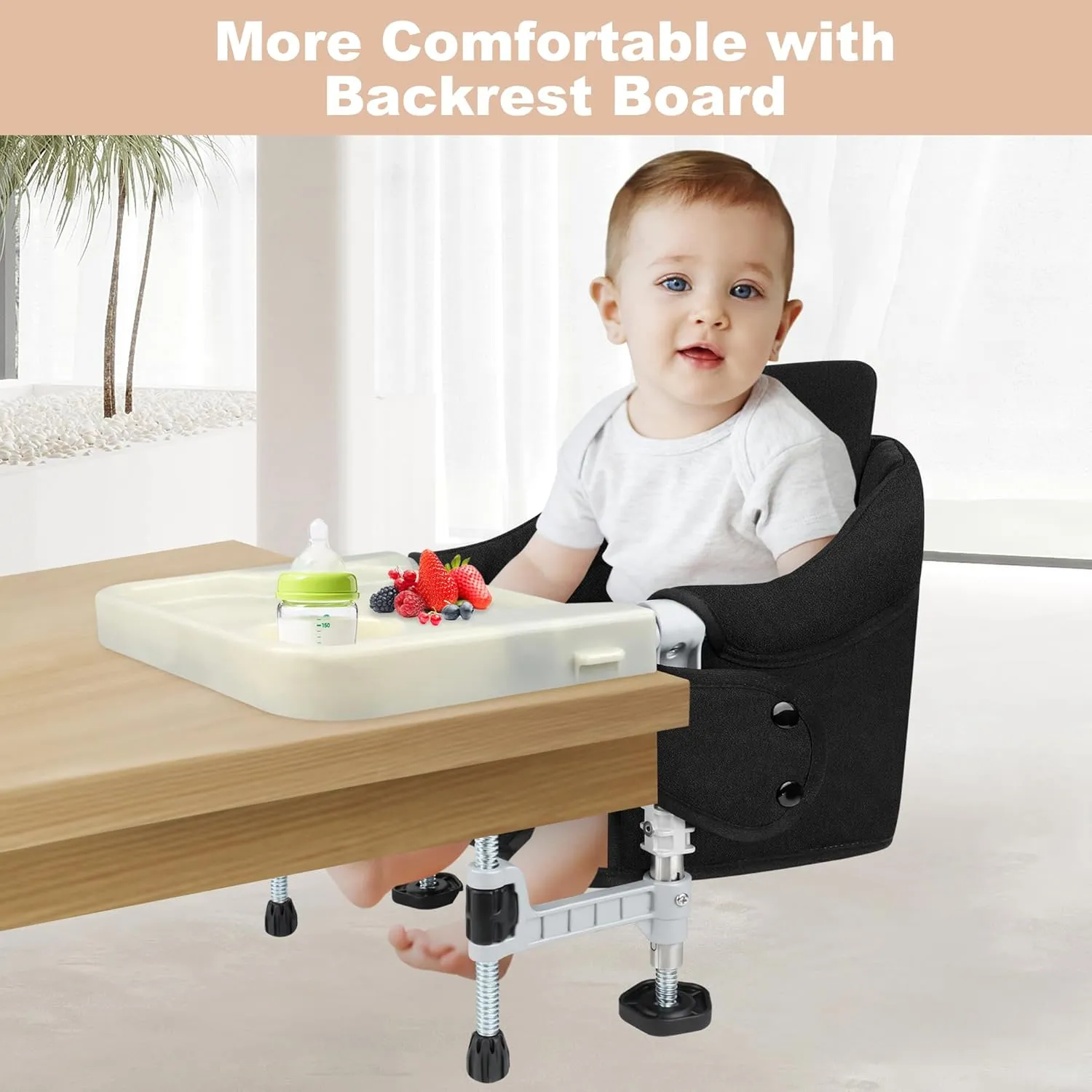 Hook On High Chair: Portable Travel Chair for Baby and Toddler, Foldable Clip-on With Removable Dining Tray, Backrest Board, and Storage Carrying Bag for Indoor Outdoor Use (Black)