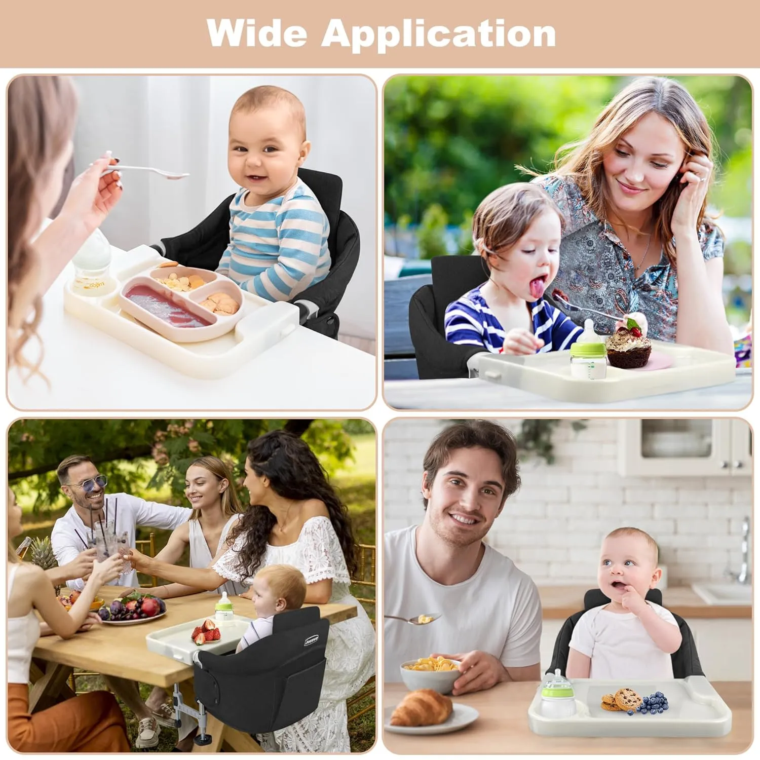 Hook On High Chair: Portable Travel Chair for Baby and Toddler, Foldable Clip-on With Removable Dining Tray, Backrest Board, and Storage Carrying Bag for Indoor Outdoor Use (Black)