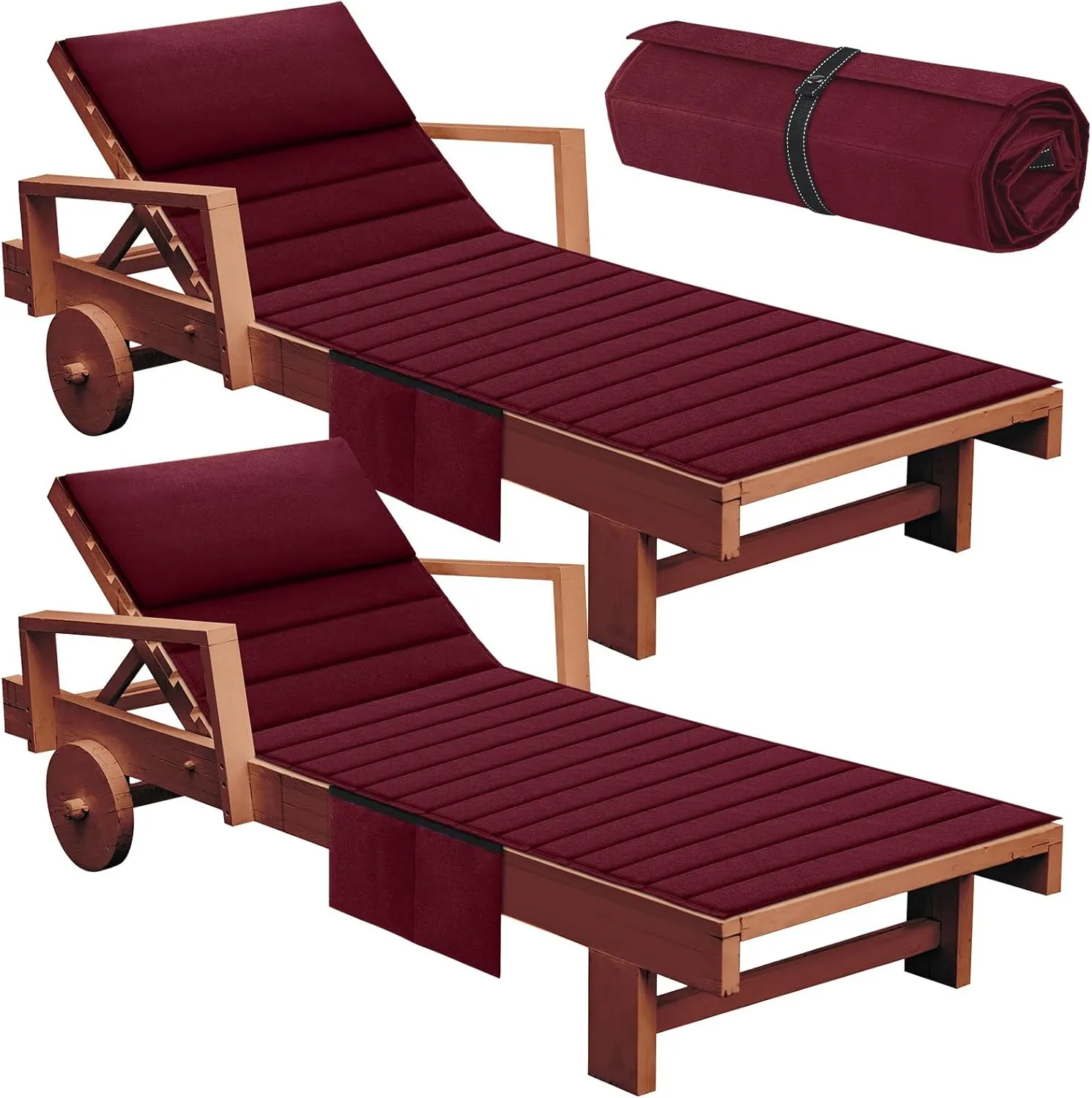 Hoolerry 2Pcs Outdoor Lounge Chair Cushions Waterproof Folding Chaise Lounge Cushion for Patio Lawn Pool Beach Chair Pad with Headrest and Pocket 72'' x 21'', No Chair(Burgundy)
