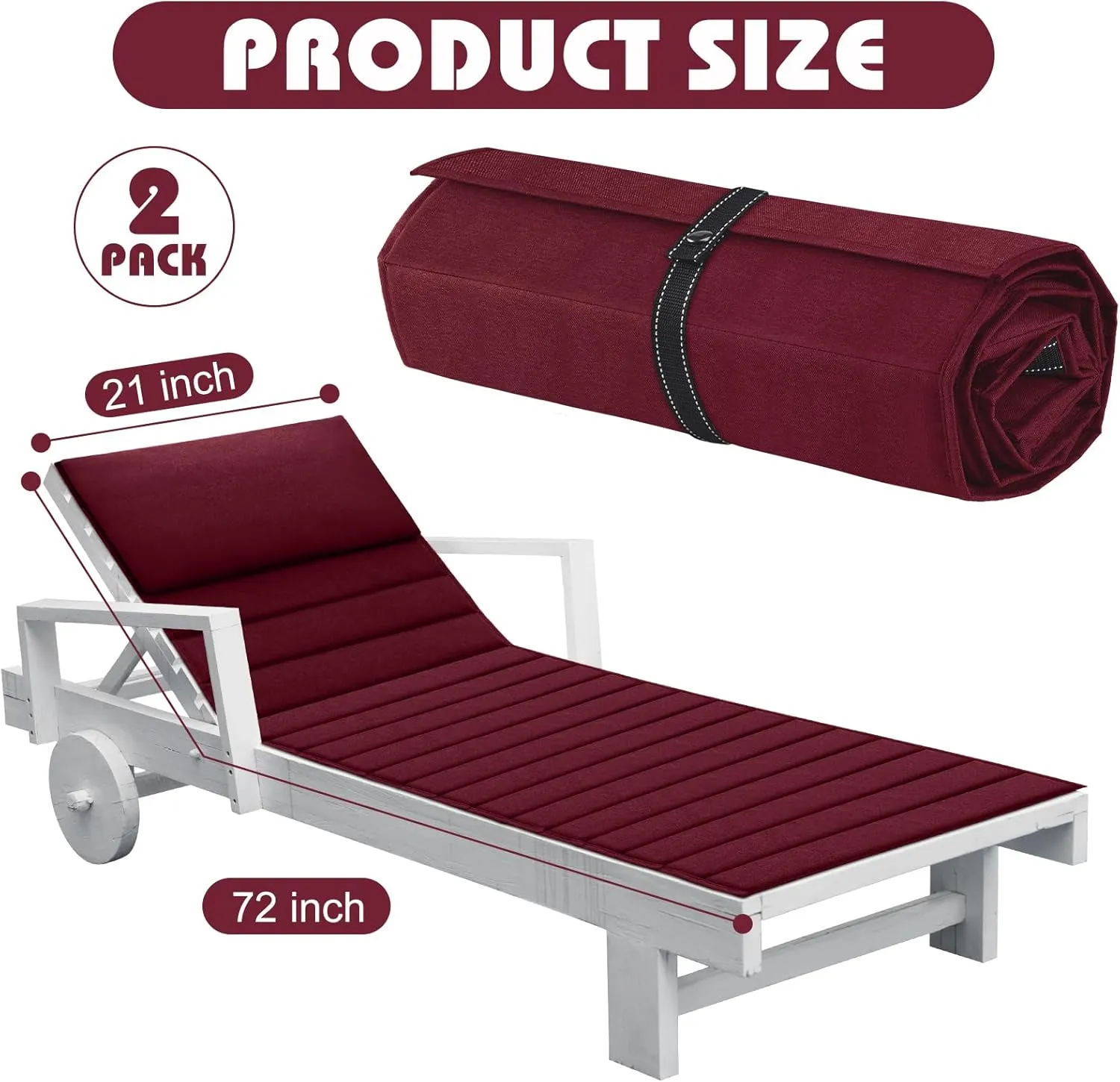 Hoolerry 2Pcs Outdoor Lounge Chair Cushions Waterproof Folding Chaise Lounge Cushion for Patio Lawn Pool Beach Chair Pad with Headrest and Pocket 72'' x 21'', No Chair(Burgundy)