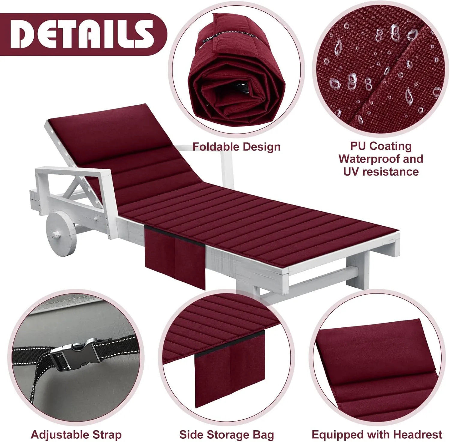 Hoolerry 2Pcs Outdoor Lounge Chair Cushions Waterproof Folding Chaise Lounge Cushion for Patio Lawn Pool Beach Chair Pad with Headrest and Pocket 72'' x 21'', No Chair(Burgundy)