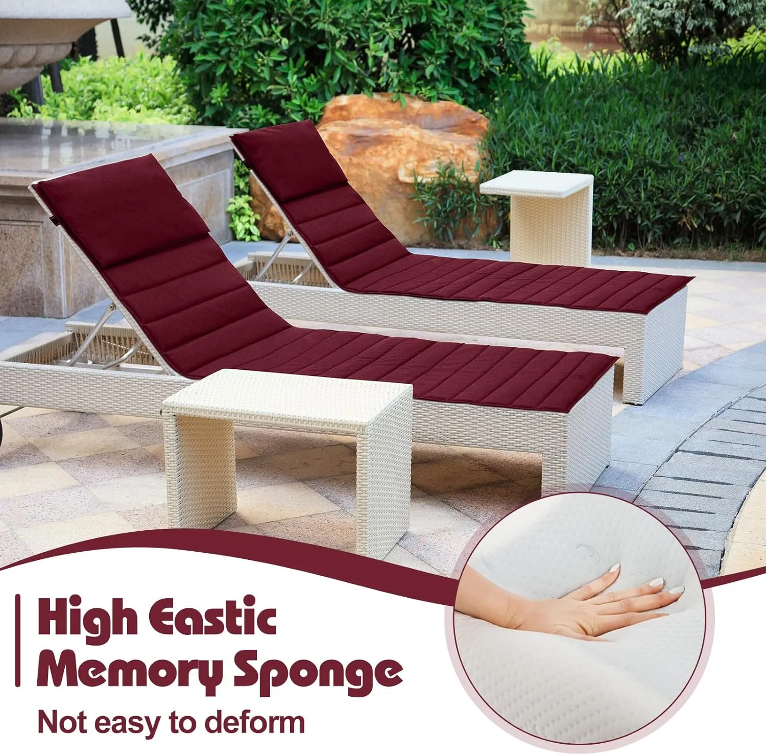 Hoolerry 2Pcs Outdoor Lounge Chair Cushions Waterproof Folding Chaise Lounge Cushion for Patio Lawn Pool Beach Chair Pad with Headrest and Pocket 72'' x 21'', No Chair(Burgundy)