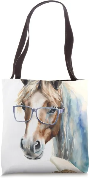 Horse With Glasses Reading A Book. Studious Equine With Book Tote Bag