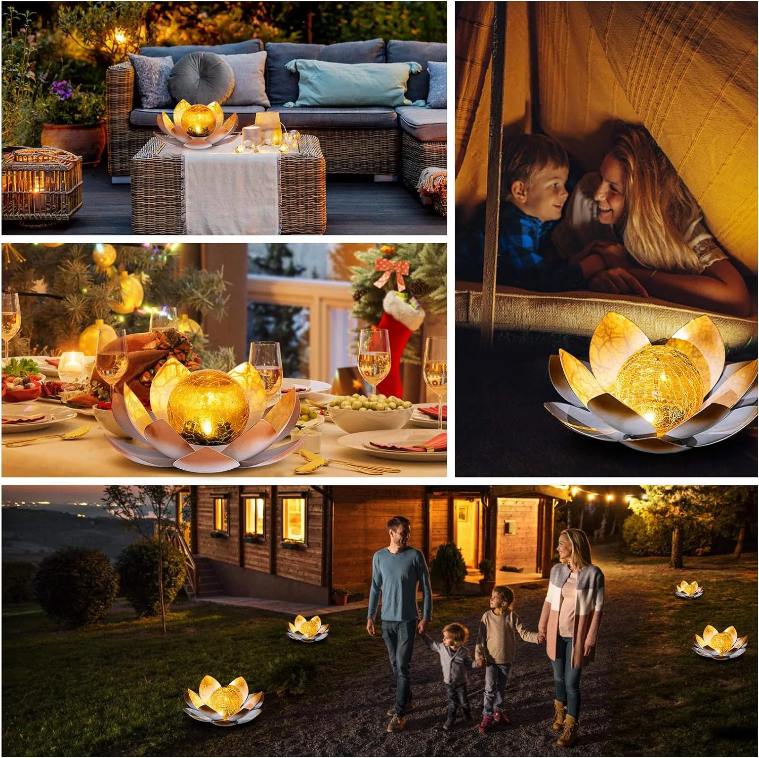Huaxu Solar Lights Outdoor Garden Decorative Art Metal Lotus Cracked Glass Ball Waterproof Decorations for Pathway Lawn Patio Yard Ground Tabletop Gifts