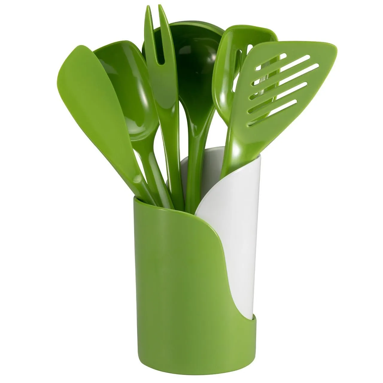 Hutzler 7-Piece Mini Melamine Cooking Utensils and Storage Crock Set, Includes 7.5 Inch Long Fork, Slotted Spoon, Solid Spoon, Ladle, Spreader and Slotted Turner (Turquoise)