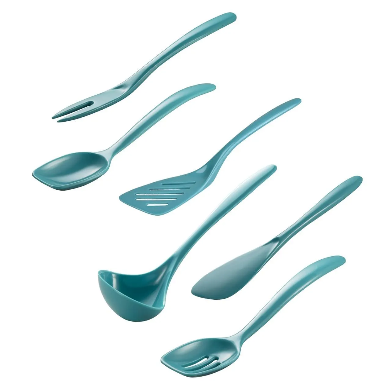Hutzler 7-Piece Mini Melamine Cooking Utensils and Storage Crock Set, Includes 7.5 Inch Long Fork, Slotted Spoon, Solid Spoon, Ladle, Spreader and Slotted Turner (Turquoise)