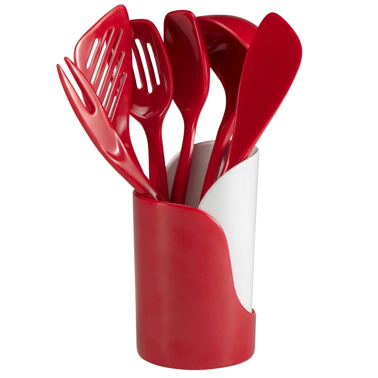 Hutzler 7-Piece Mini Melamine Cooking Utensils and Storage Crock Set, Includes 7.5 Inch Long Fork, Slotted Spoon, Solid Spoon, Ladle, Spreader and Slotted Turner (Turquoise)