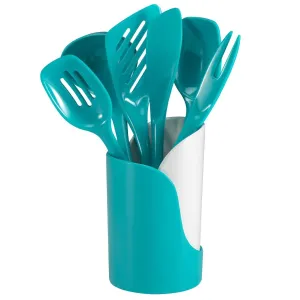 Hutzler 7-Piece Mini Melamine Cooking Utensils and Storage Crock Set, Includes 7.5 Inch Long Fork, Slotted Spoon, Solid Spoon, Ladle, Spreader and Slotted Turner (Turquoise)