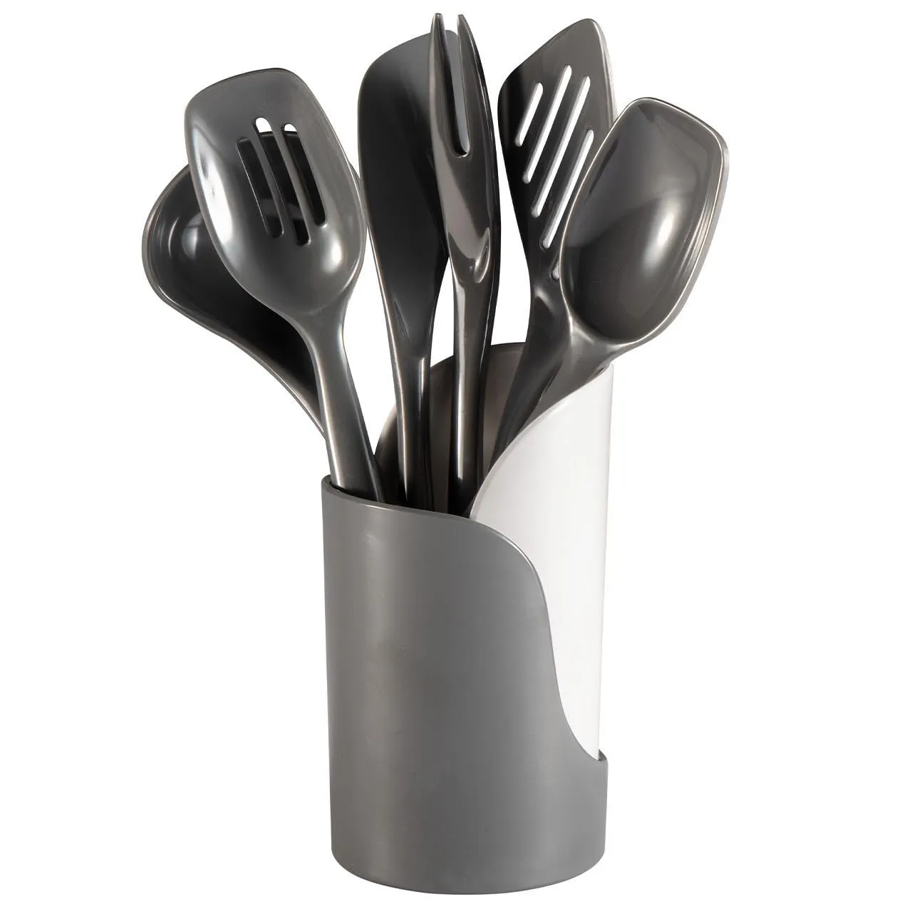 Hutzler 7-Piece Mini Melamine Cooking Utensils and Storage Crock Set, Includes 7.5 Inch Long Fork, Slotted Spoon, Solid Spoon, Ladle, Spreader and Slotted Turner (Turquoise)
