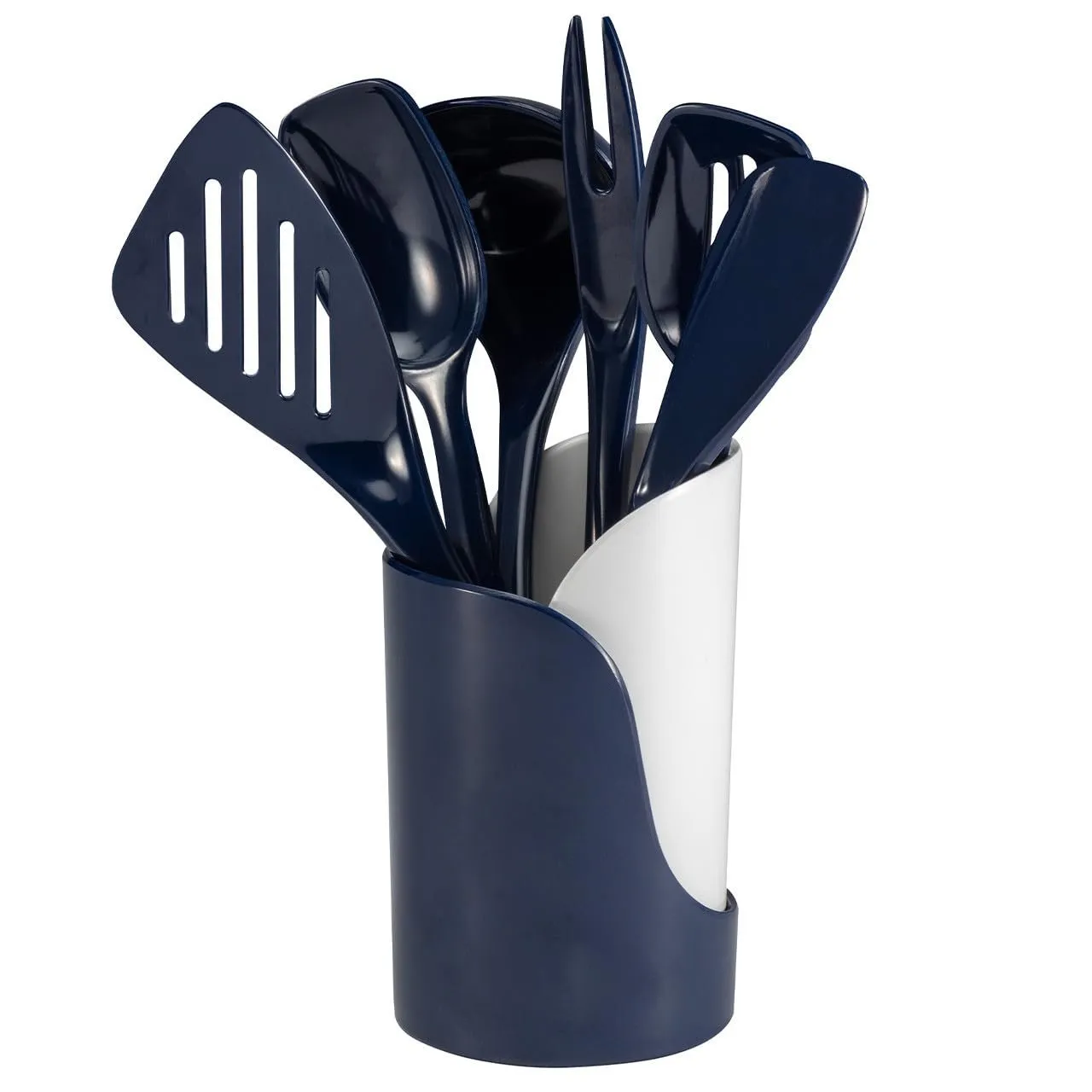 Hutzler 7-Piece Mini Melamine Cooking Utensils and Storage Crock Set, Includes 7.5 Inch Long Fork, Slotted Spoon, Solid Spoon, Ladle, Spreader and Slotted Turner (Turquoise)