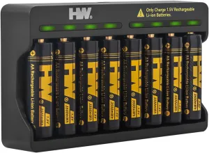 HW Rechargeable Lithium AA Batteries, 8 Pack 1.5V 3500mWh Li-ion aa Battery with 8-Bay AA/AAA Charger, Long-Lasting Power, 2.5H Fast Charge, 1000  Cycles, Constant Output 1.5V Double A Batteries