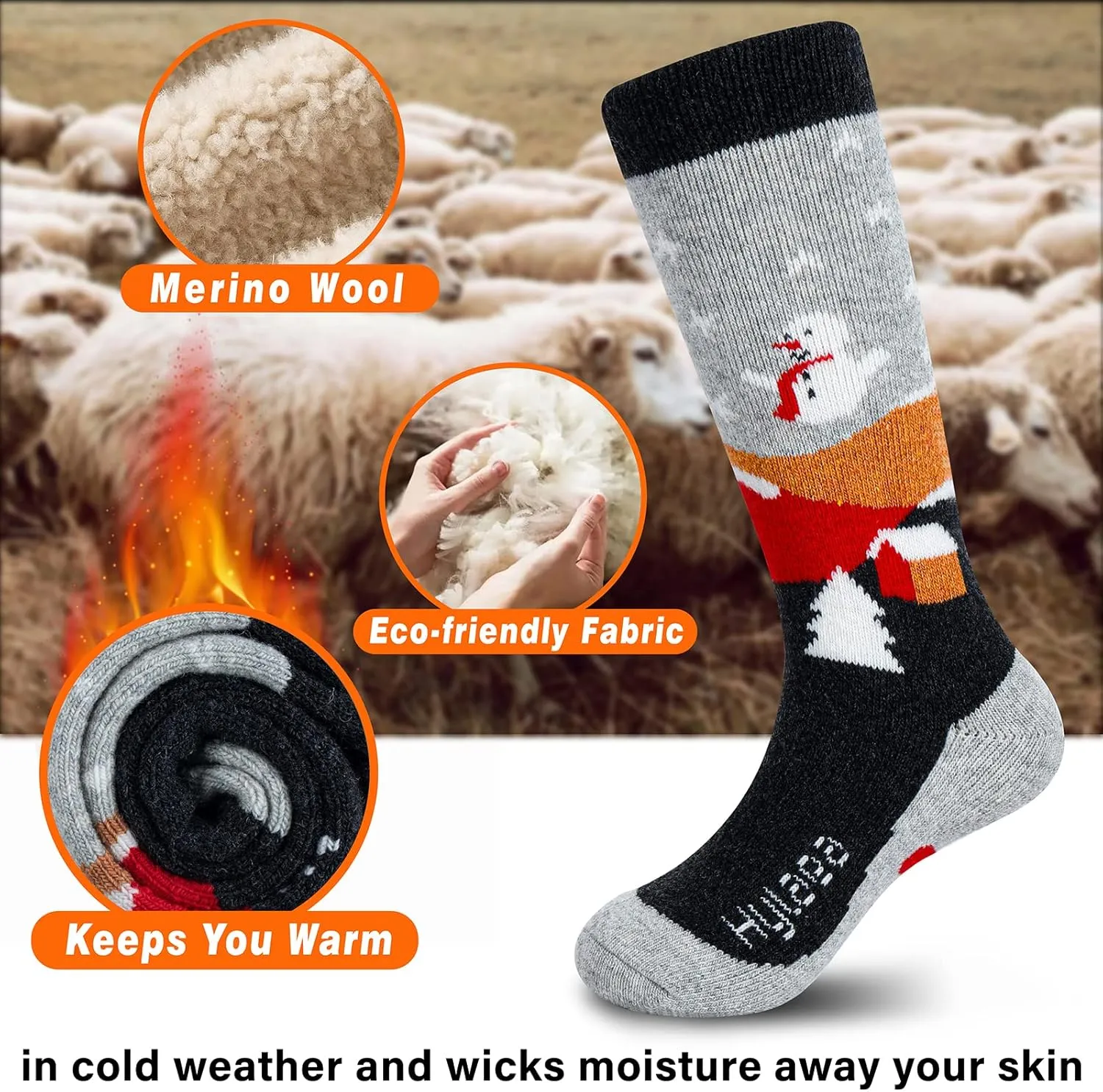 Hylaea Merino Wool Ski Socks Kids, Knee-high Warm Thermal Snowboard Skating Socks for Boys Girls Toddler