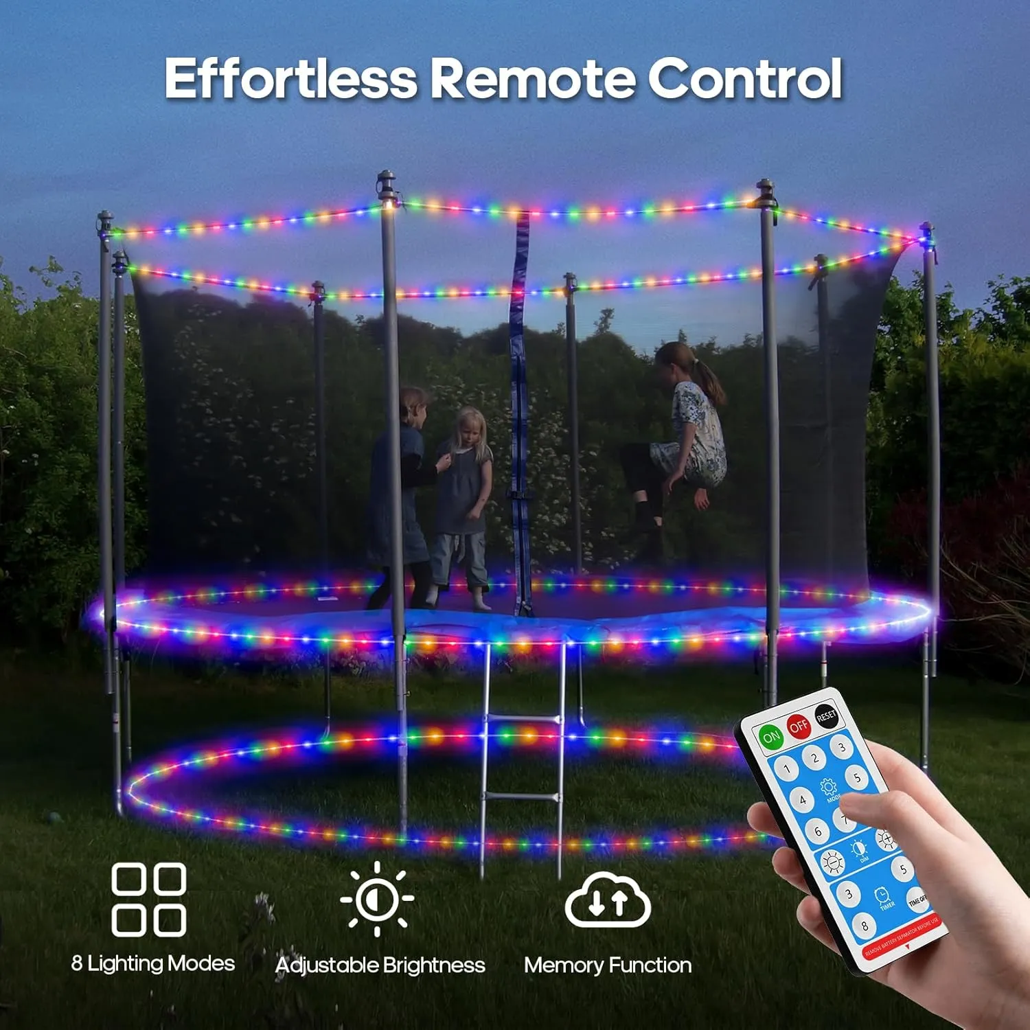 ICRGB Trampoline Lights, 66FT 200LED Solar Rope Lights Outdoor, IP67 Waterproof, 1200mah Solar Power Outdoor Light, 8 Modes & Timer Function, Decorative for Trampoline Camping Tent Patio Porch Garden