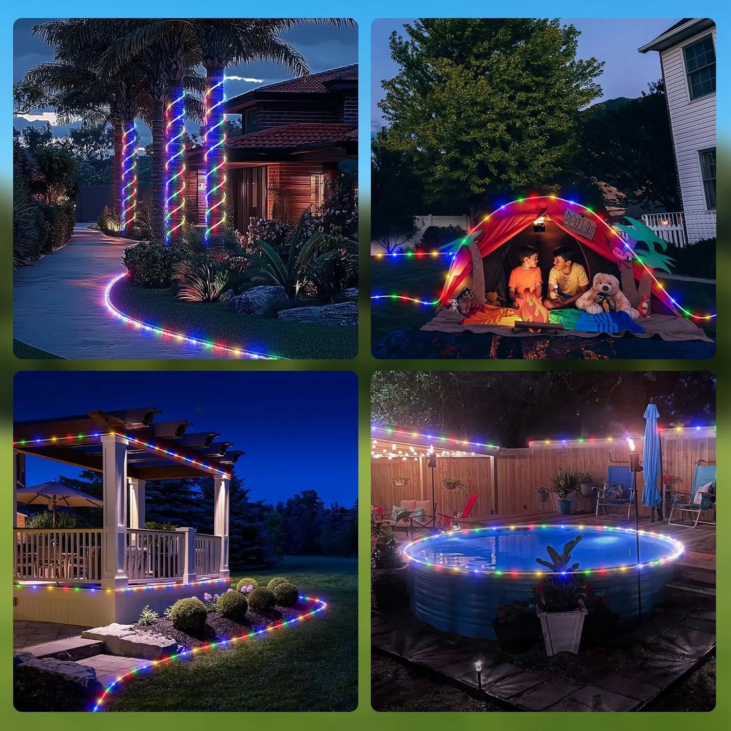 ICRGB Trampoline Lights, 66FT 200LED Solar Rope Lights Outdoor, IP67 Waterproof, 1200mah Solar Power Outdoor Light, 8 Modes & Timer Function, Decorative for Trampoline Camping Tent Patio Porch Garden