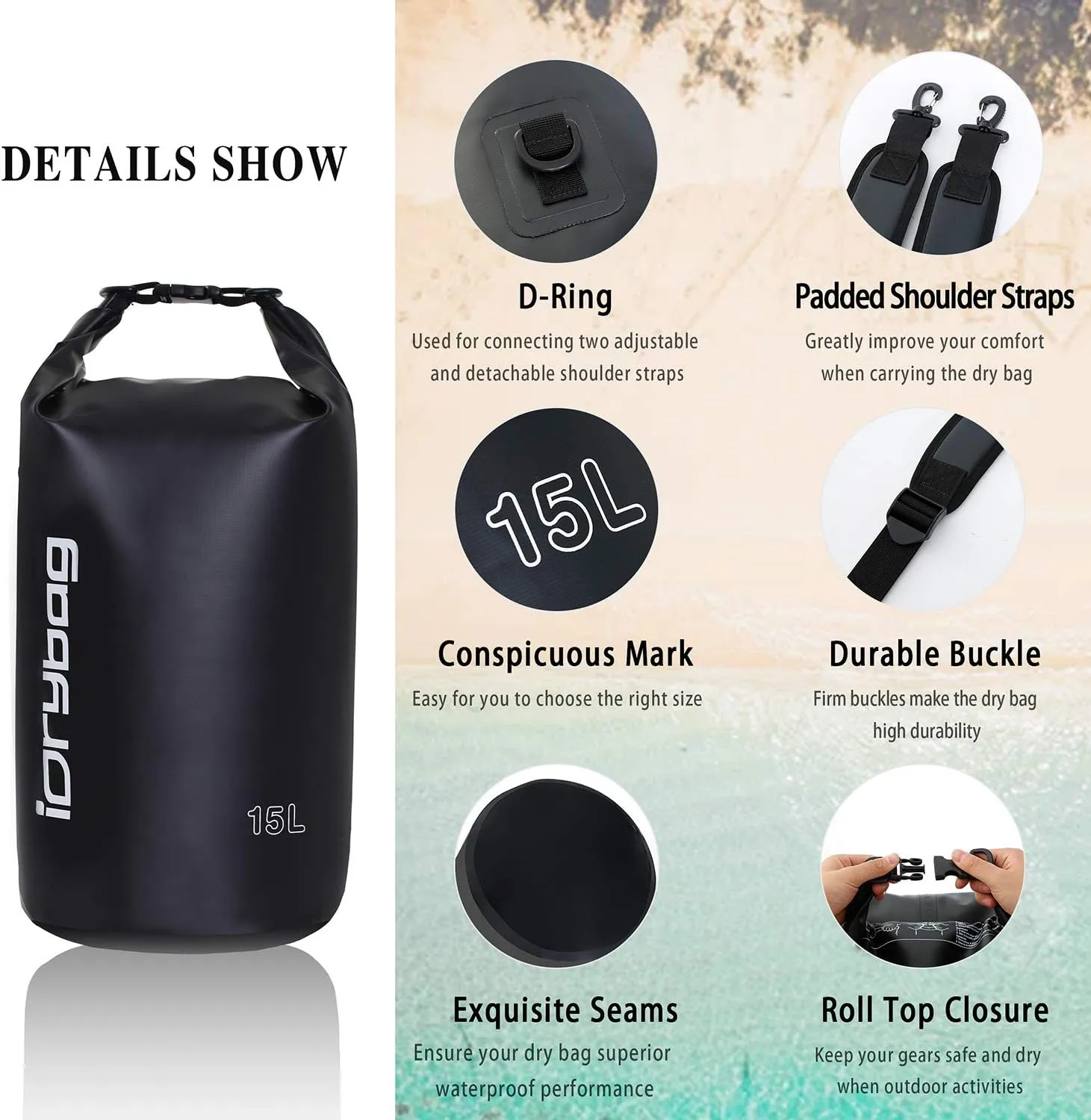 IDRYBAG Dry Bags for Kayaking Waterproof 2L/5L/10L/15L/20L, Small Dry Bag Waterproof Floating, Dry Sack Waterproof Bag for Paddleboarding Travel