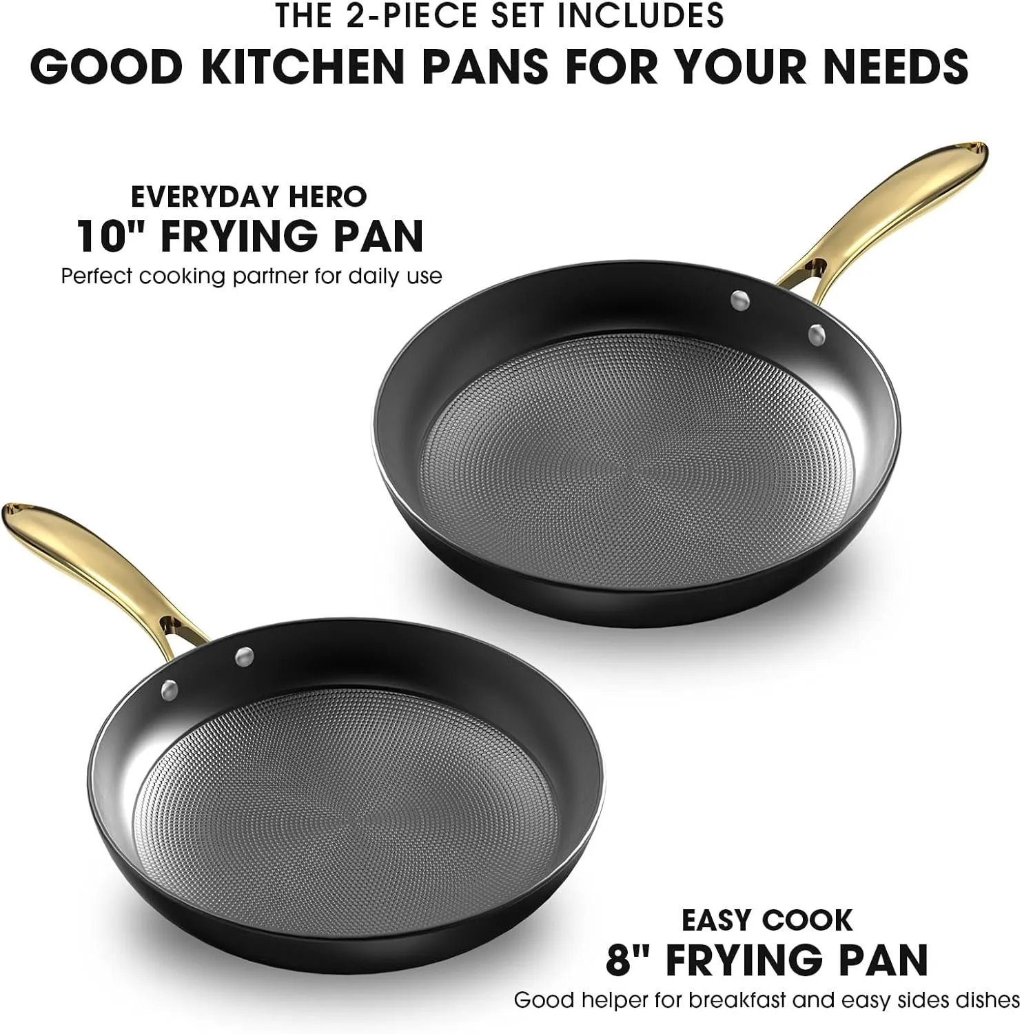 imarku Non Stick Frying Pans, Professional Cast Iron Skillets 2 Pcs - 8 Inch & 10 Inch Frying Pans Nonstick, Honeycomb Long Lasting Frying Pan Set, Gold Handle Oven Safe Pan, Father's Day Gifts