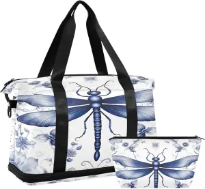 Indigo Dragonfly Sports Gym Bag with Waterproof Dry Wet Pocket, Travel Duffel Bag for Women Men，Workout Bag Fits Yoga, Swimming