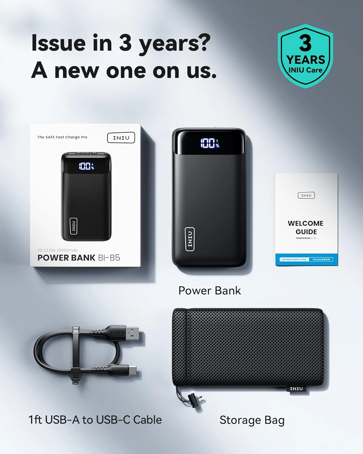 INIU Portable Charger, 22.5W 20000mAh USB C in & Out Power Bank Fast Charging, PD 3.0 QC 4.0 LED Display Phone Battery Pack Compatible with iPhone 16 15 14 13 Pro Samsung S23 Google iPad Tablet, etc