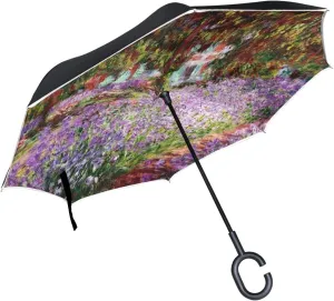 Irises in Monets Garden Reverse Inverted Inside Out Umbrella Cars Unigue Windproof UV Proof Double Layer for Women One Size