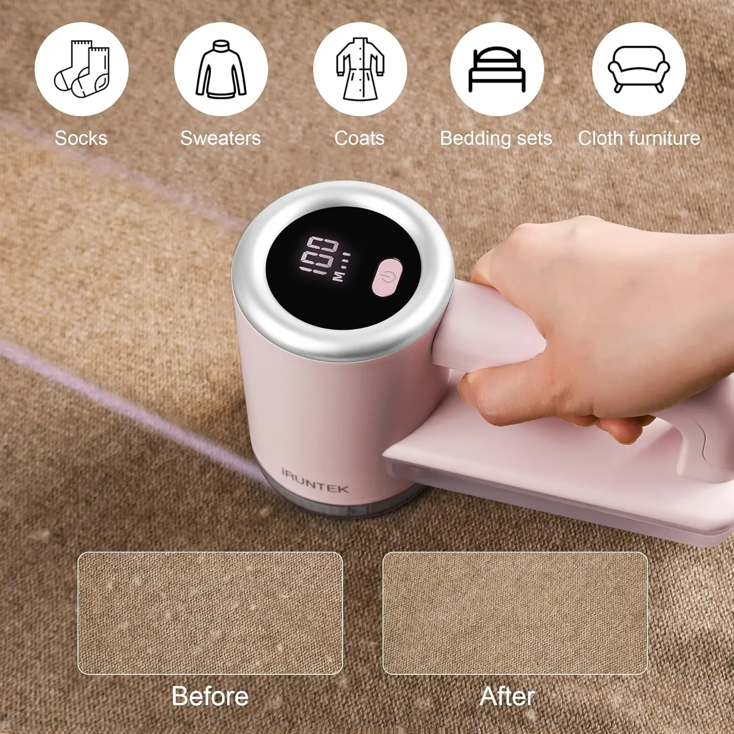 iRUNTEK Rechargeable Fabric Shaver, Electric Commercial Lint Remover with LED Display & Big Trash Box, 3-Speeds for Removing Fuzz and Pill from Clothes, Furniture, Sweater, Couch and Blanket, Pink