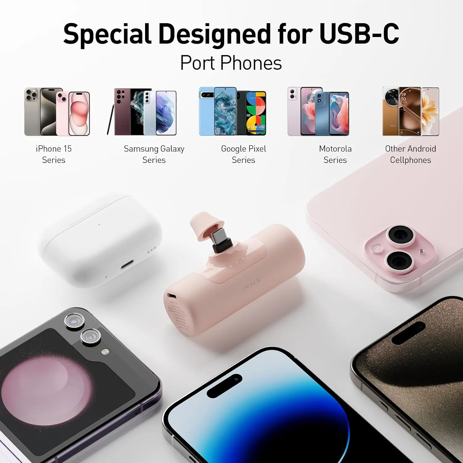 iWALK 4,500mAh Portable Charger for iPhone 15/16, Power Bank with Build-in USB C Connector, Battery Pack Phone Charger for iPhone Series, Samsung S22/23/24 Series and Android, Pink