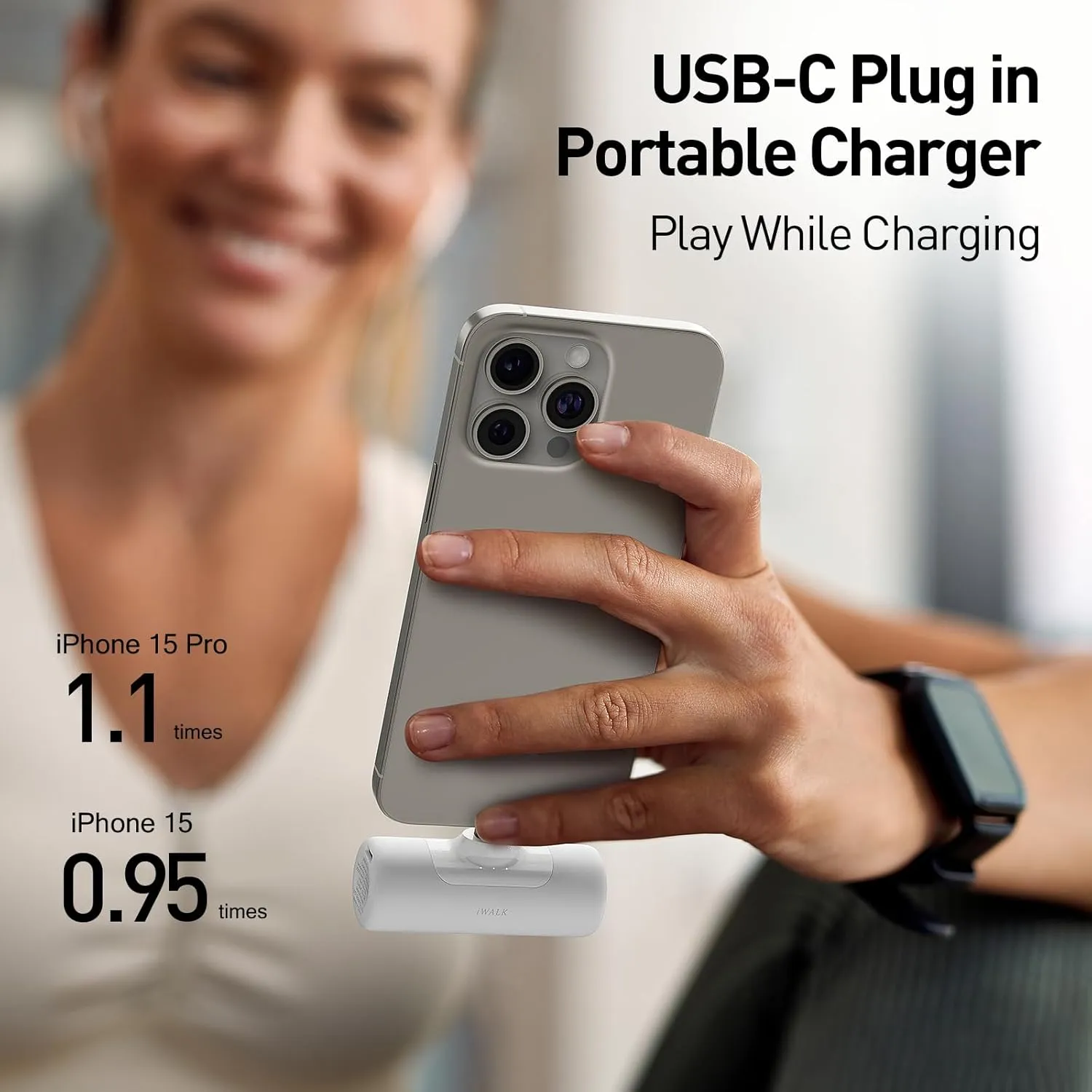 iWALK 4,500mAh Portable Charger for iPhone 15/16, Power Bank with Build-in USB C Connector, Battery Pack Phone Charger for iPhone Series, Samsung S22/23/24 Series and Android, Pink