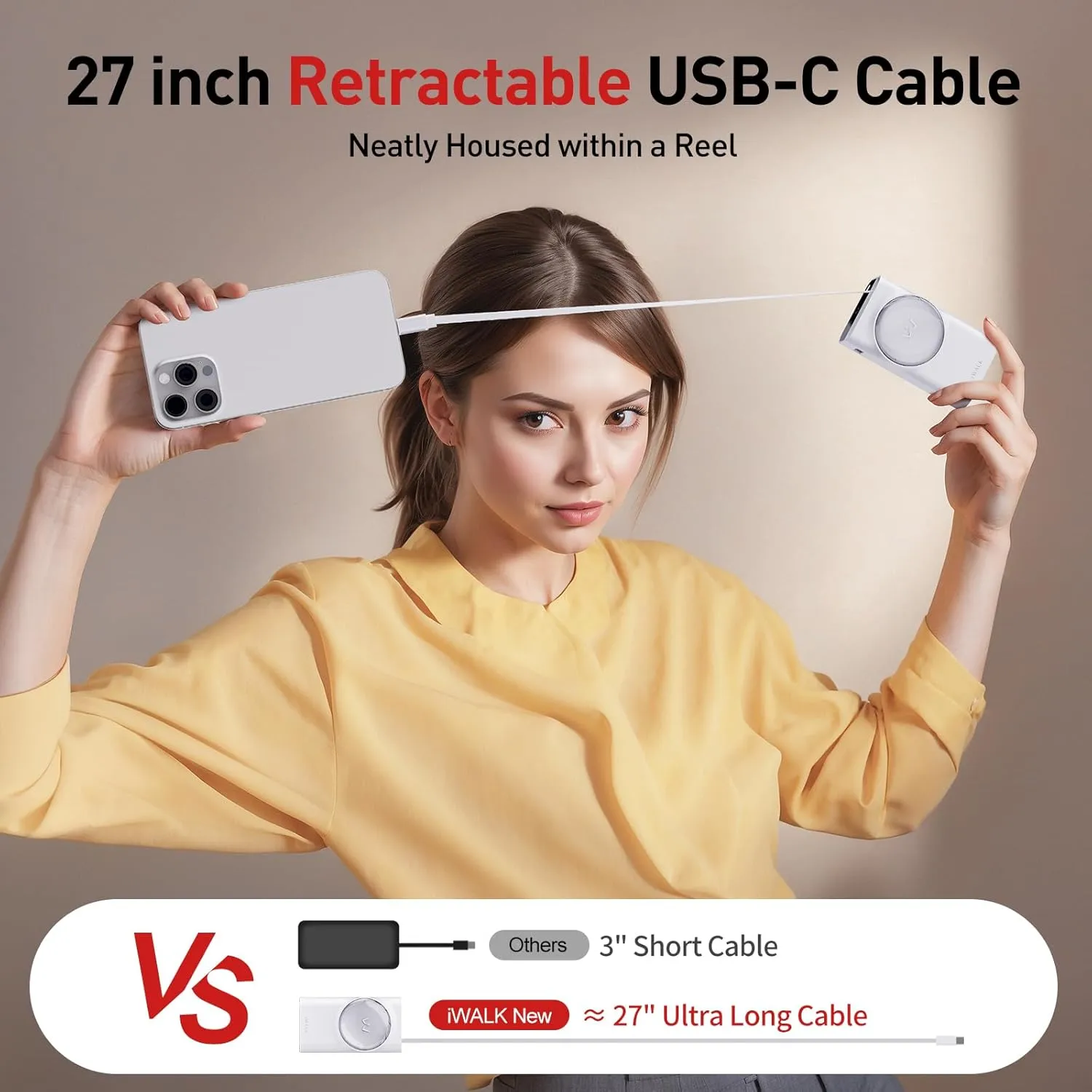 iWALK Portable Charger 10000mAh, 30W Fast Charging Power Bank with Built-in 2.3ft USB-C Retractable Cable, Battery Pack with 3 Outputs, Compatible with iPhone 16/15,Samsung Galaxy S25/24,iPad