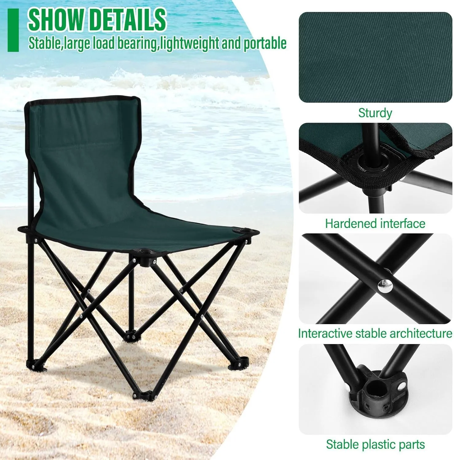 J JOYSAY Emerald Green Portable Camping Chair Lightweight Outdoor Folding Chair for Adults Beach Chair for Outside Camping Beach Sports Travel Hiking
