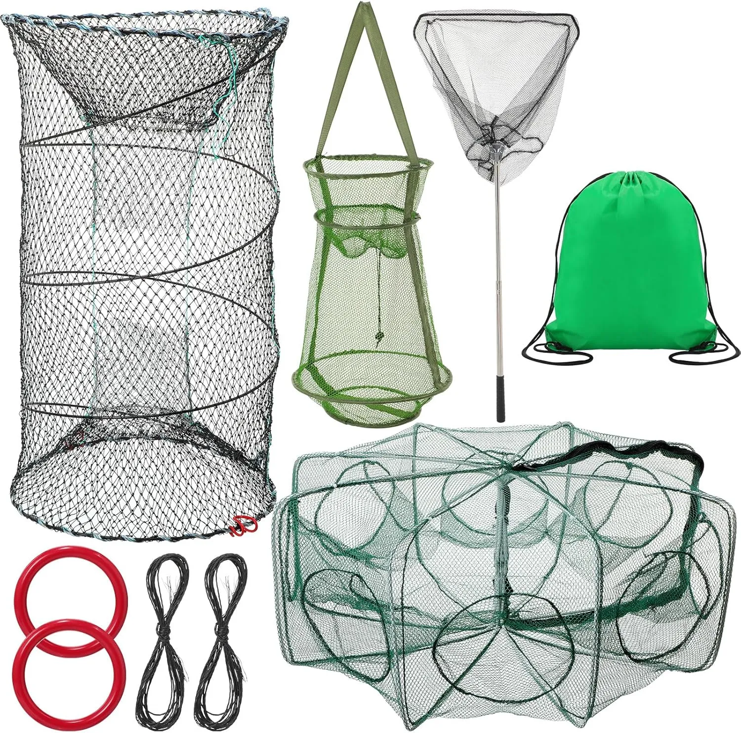 JaGely 5 Pcs Fishing Net Accessories Include Fishing Landing Net with Handle, 26in x 13in Portable Folded Cast Net, 8 Holes 8 Sides Collapsible Fishing Bait Trap, Fishing Keep Net, Drawstring Bag