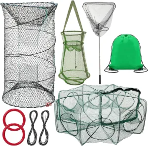 JaGely 5 Pcs Fishing Net Accessories Include Fishing Landing Net with Handle, 26in x 13in Portable Folded Cast Net, 8 Holes 8 Sides Collapsible Fishing Bait Trap, Fishing Keep Net, Drawstring Bag