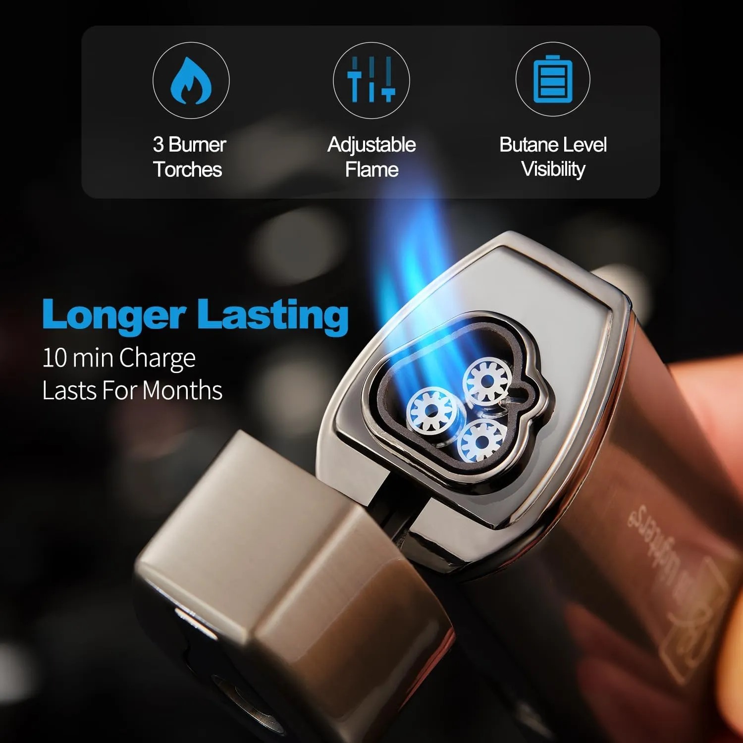 JB Lighter Yellow Satin 3-Flame Butane Torch Lighter- Wind Resistant Adjustable Jet Flame Lighters - Refillable Gas One Touch Lighter - Electric Firing Backlit Butane Window