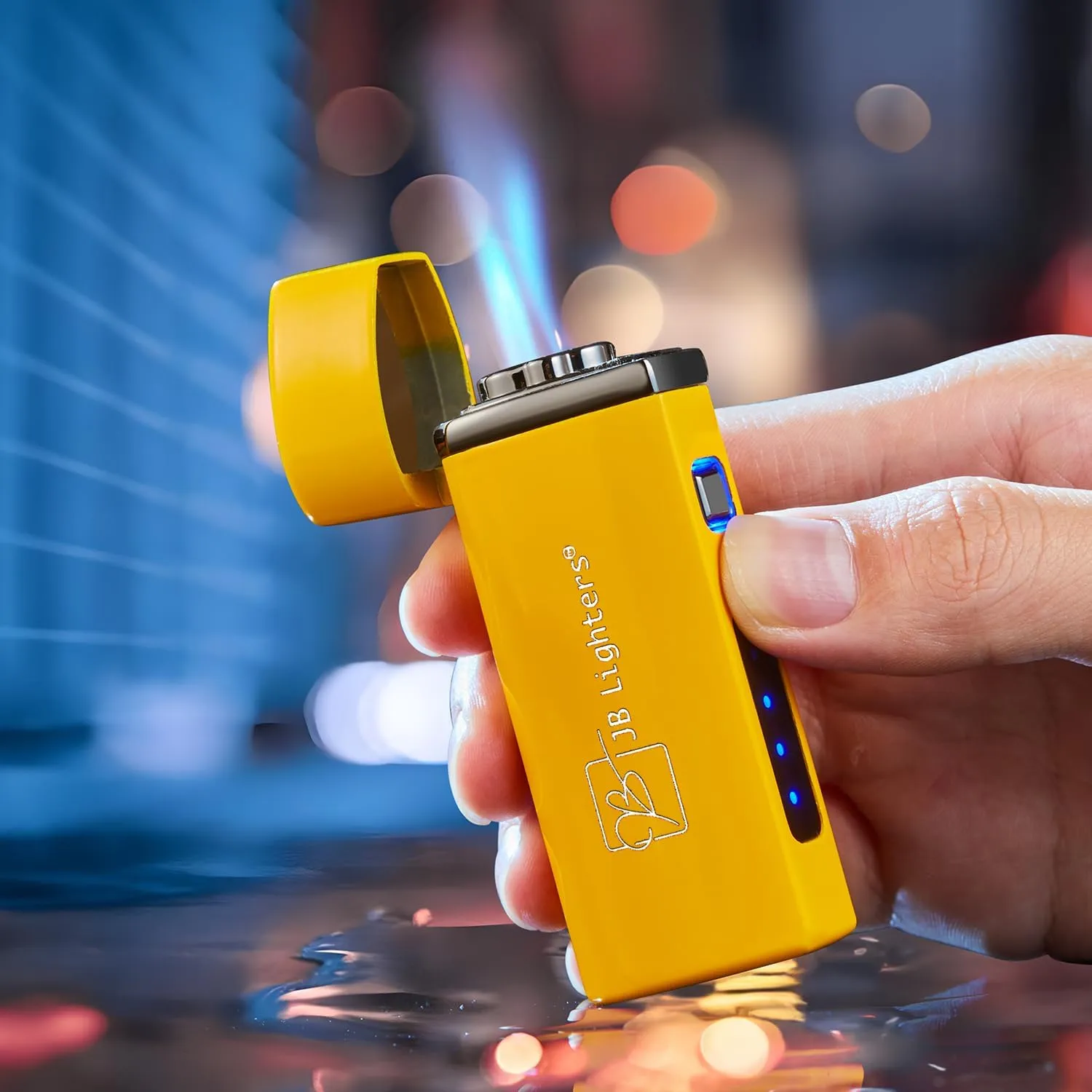 JB Lighter Yellow Satin 3-Flame Butane Torch Lighter- Wind Resistant Adjustable Jet Flame Lighters - Refillable Gas One Touch Lighter - Electric Firing Backlit Butane Window