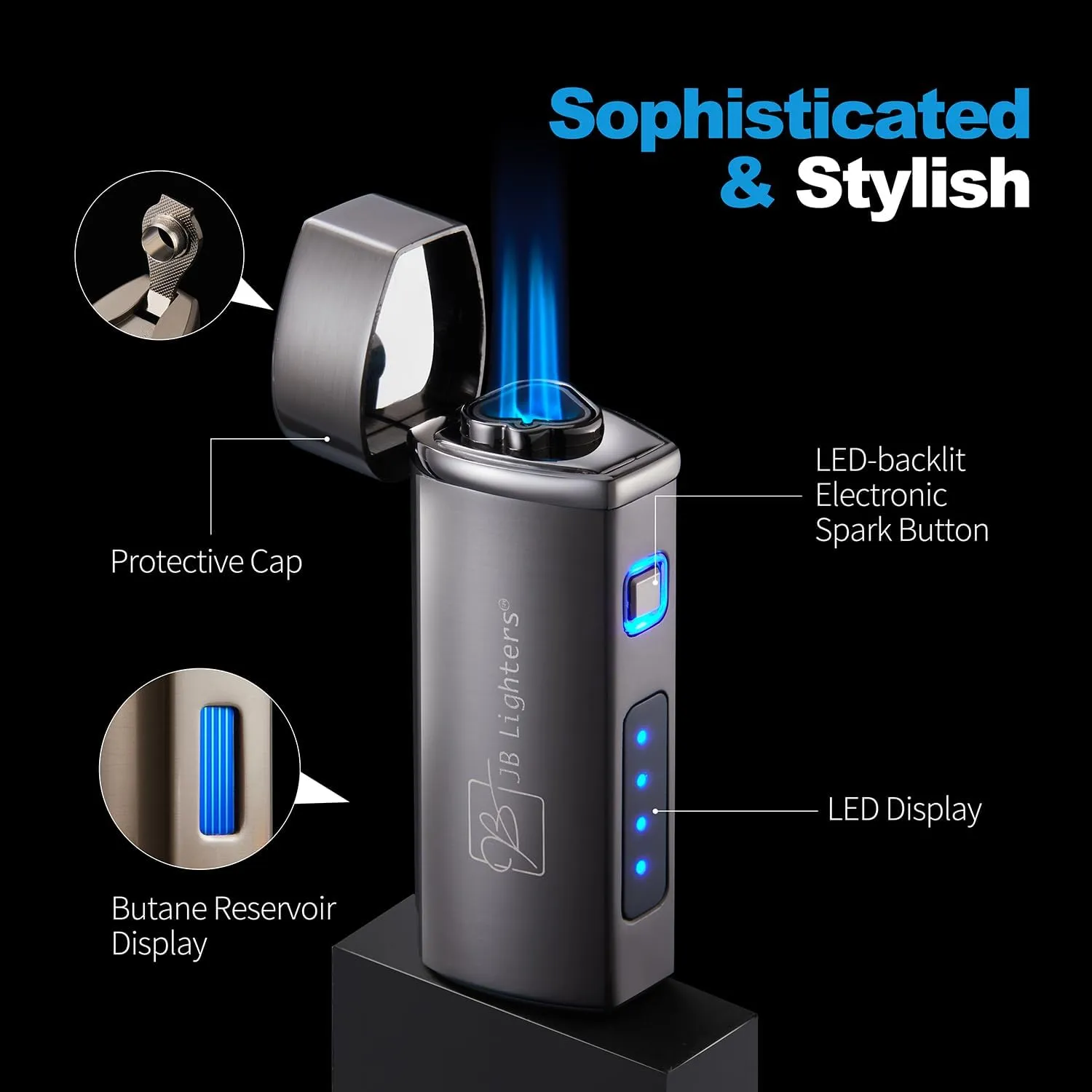 JB Lighter Yellow Satin 3-Flame Butane Torch Lighter- Wind Resistant Adjustable Jet Flame Lighters - Refillable Gas One Touch Lighter - Electric Firing Backlit Butane Window