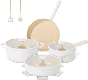 JEETEE Ceramic Cookware Set, 13 Pcs Pots and Pans Set Nonstick with Rotation Removable Handles, Healthy Non-Toxic Cooking Set for All Stoves, Stackable Pots Pans, Oven Safe, PFOA/PFOS Free, Cream
