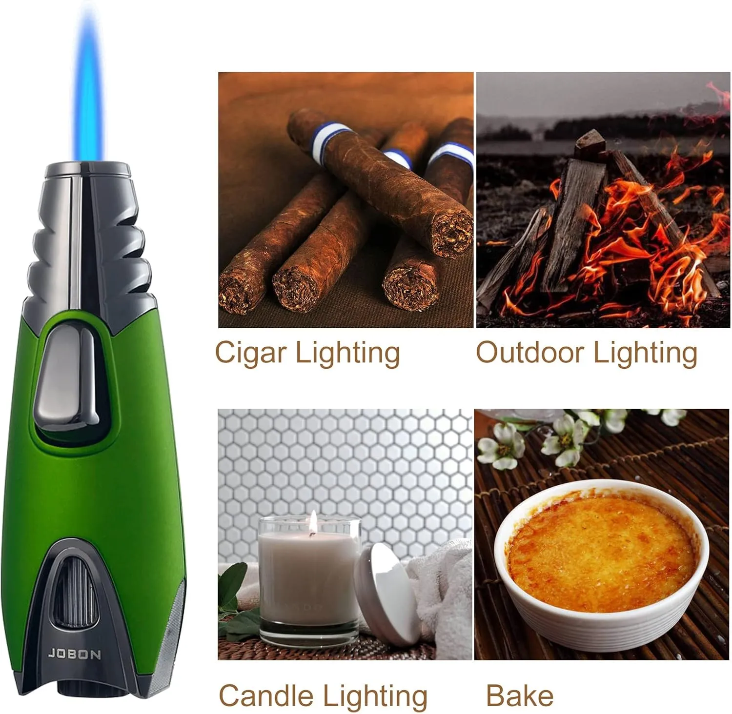 JOBON Pocket Torch Lighter, Gift Idea (Butane Free), Professional Reusable Single Jet Flame Gas Lighter, Kitchen BBQ Camping Candle (Green)