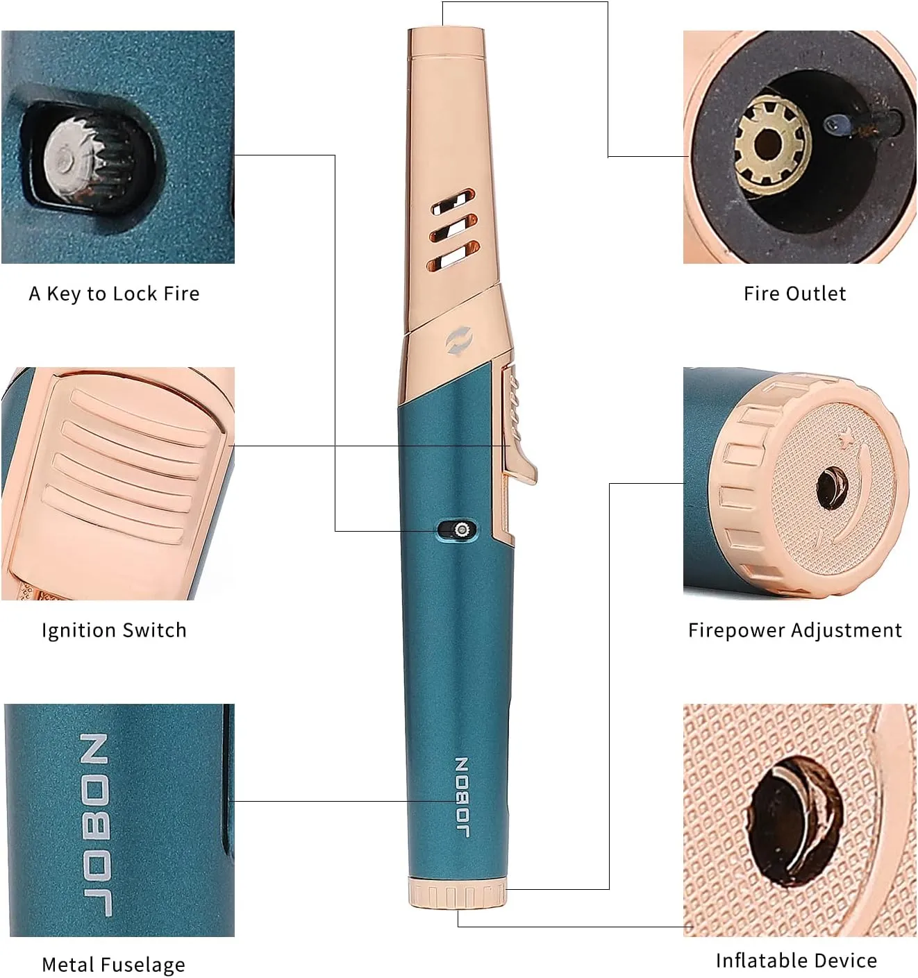 JOBON Torch Lighter, Adjustable Lockable Bendable Nozzle Jet Flame Refillable Butane Lighter with Gas Window for Candle Grill Baking Camping- No Gas Included (Blue)